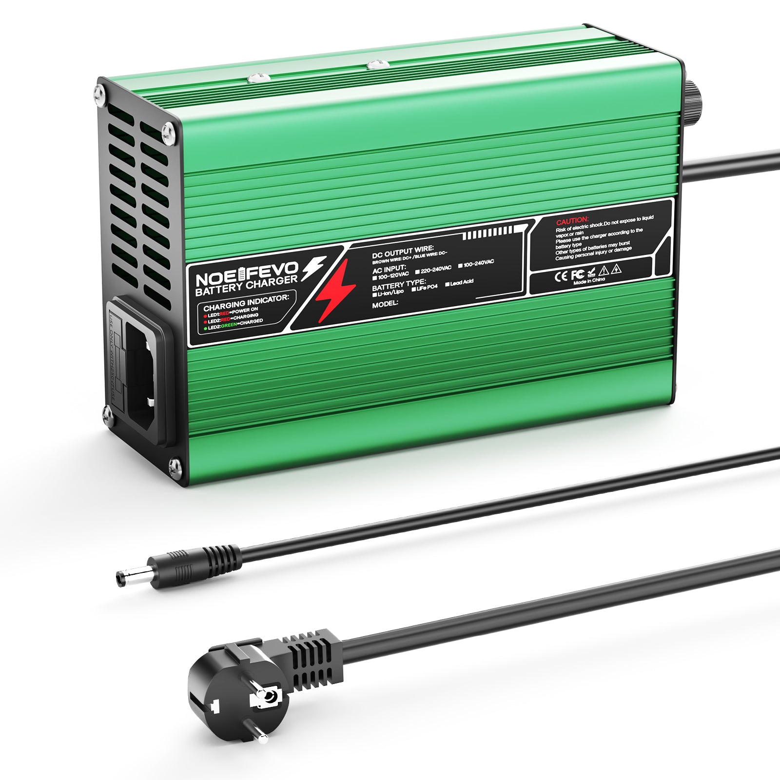 NOEIFEVO 29.4V 2A 3A 4A 5A Litium-laddare för 7S 25.9V Li-Ion Lipo-batterier, kylfläkt, automatisk avstängning (GRÖN)