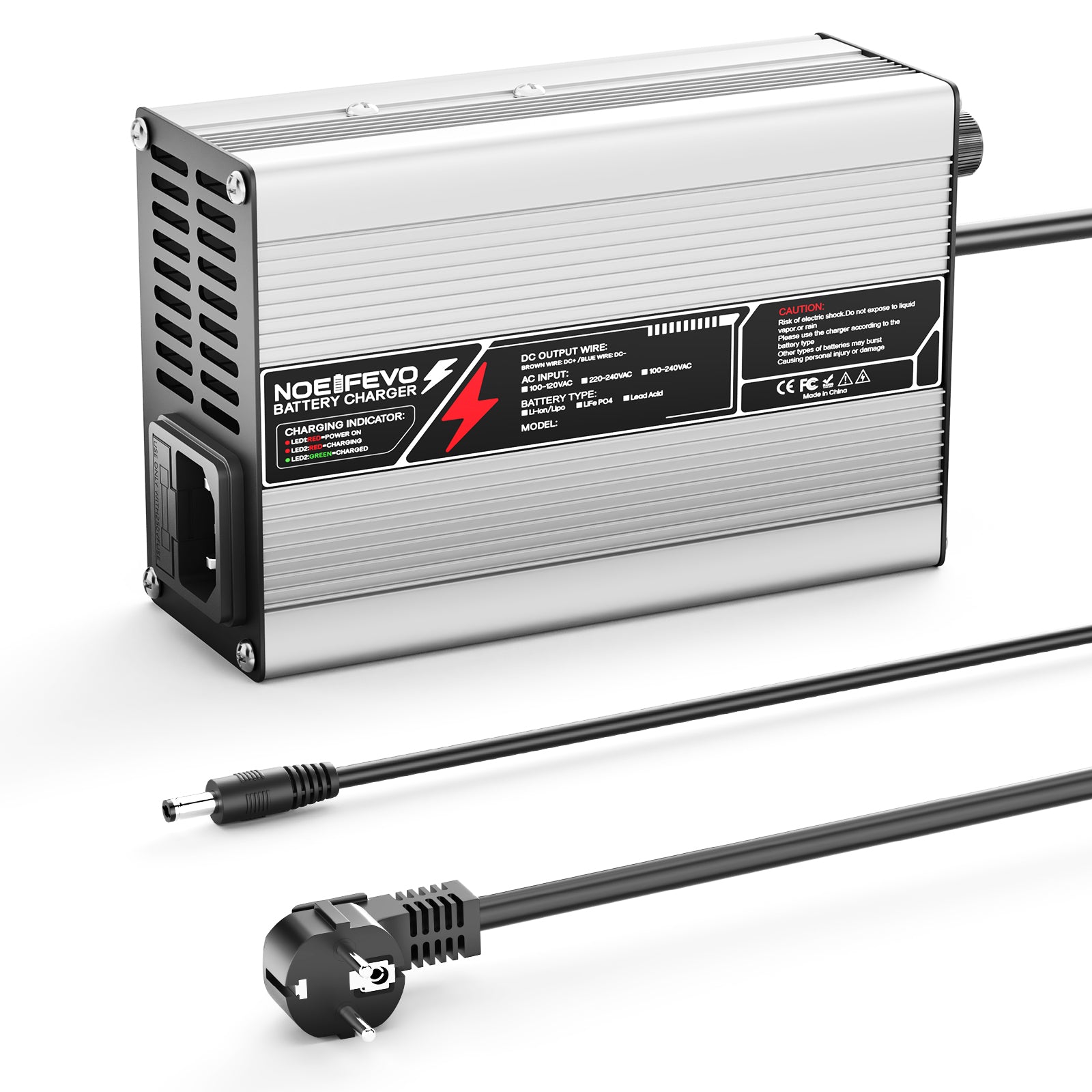 NOEIFEVO 33,6V 2A 3A 4A 5A Lithium-oplader til 8S 29,6V Li-Ion Lipo-batterier, med køleventilator, automatisk slukning