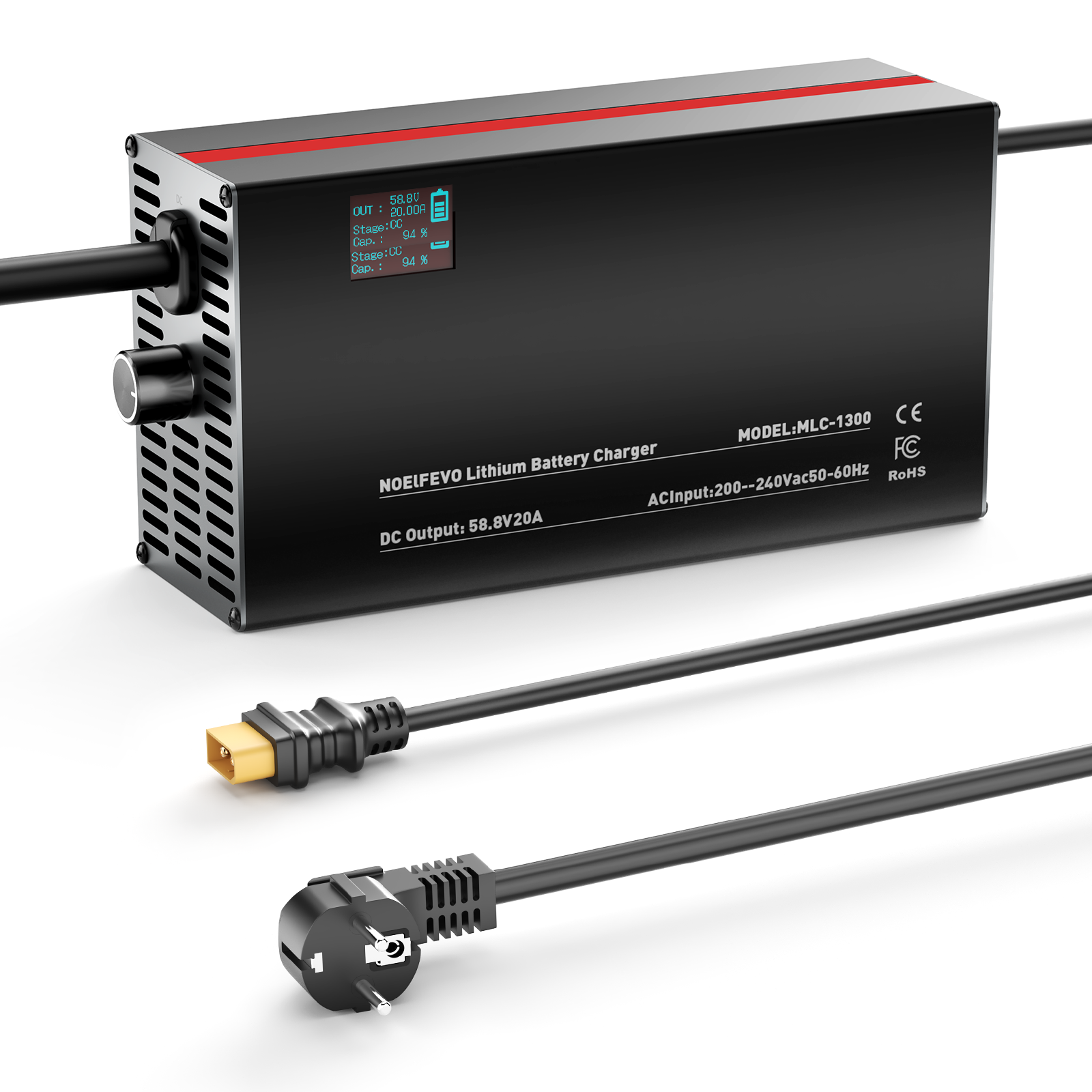 NOEIFEVO 58,8V 2-20A Caricabatterie per batterie al litio 51,8V 52V 14S Li-Ion Li-Po, con display LCD, corrente regolabile, caricabatterie per e-bike, scooter, moto elettrica