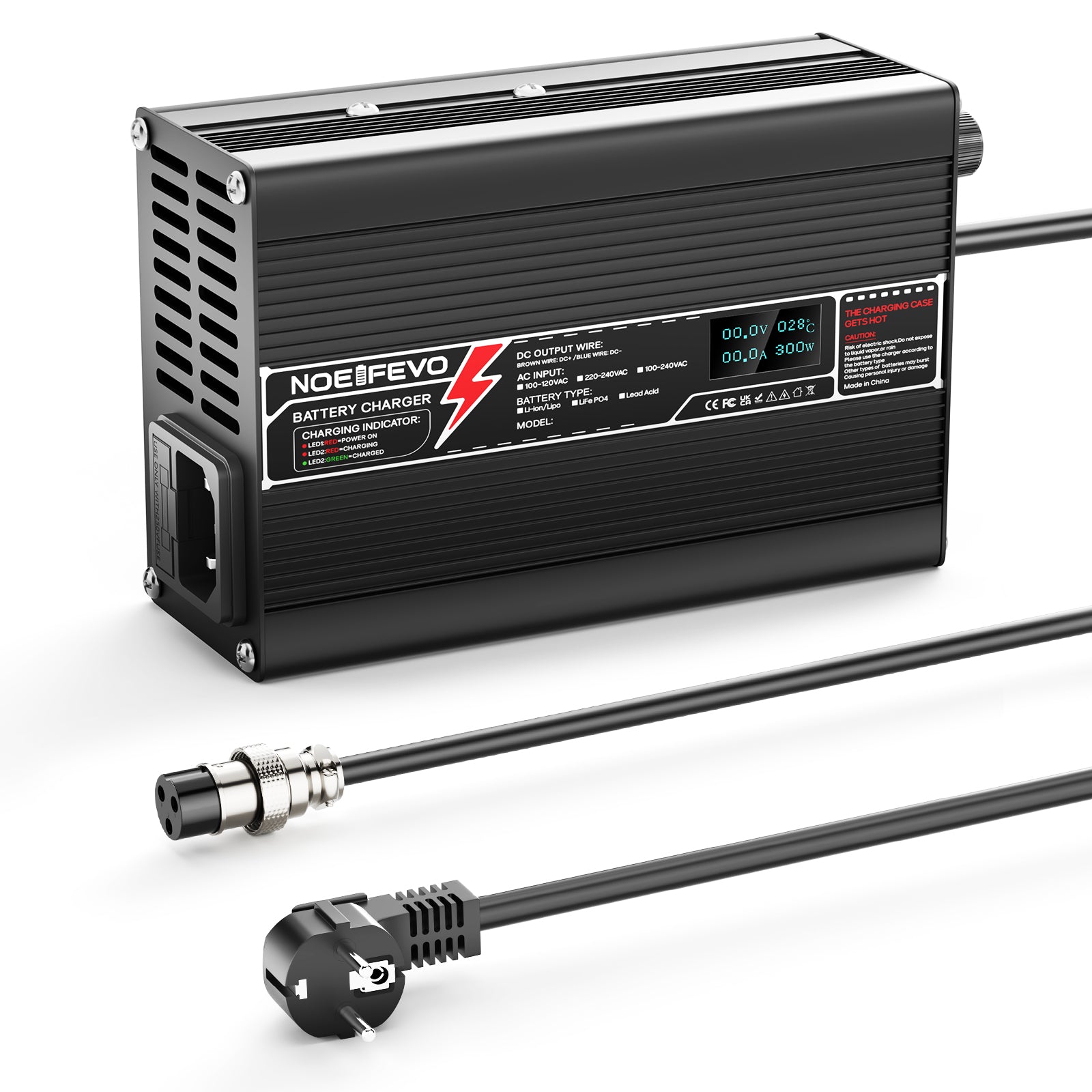 Carregador de bateria de lítio NOEIFEVO 24V 8A LiFePO4, tensão de carga 29.2V, com ventilador, caixa de alumínio, tela LCD