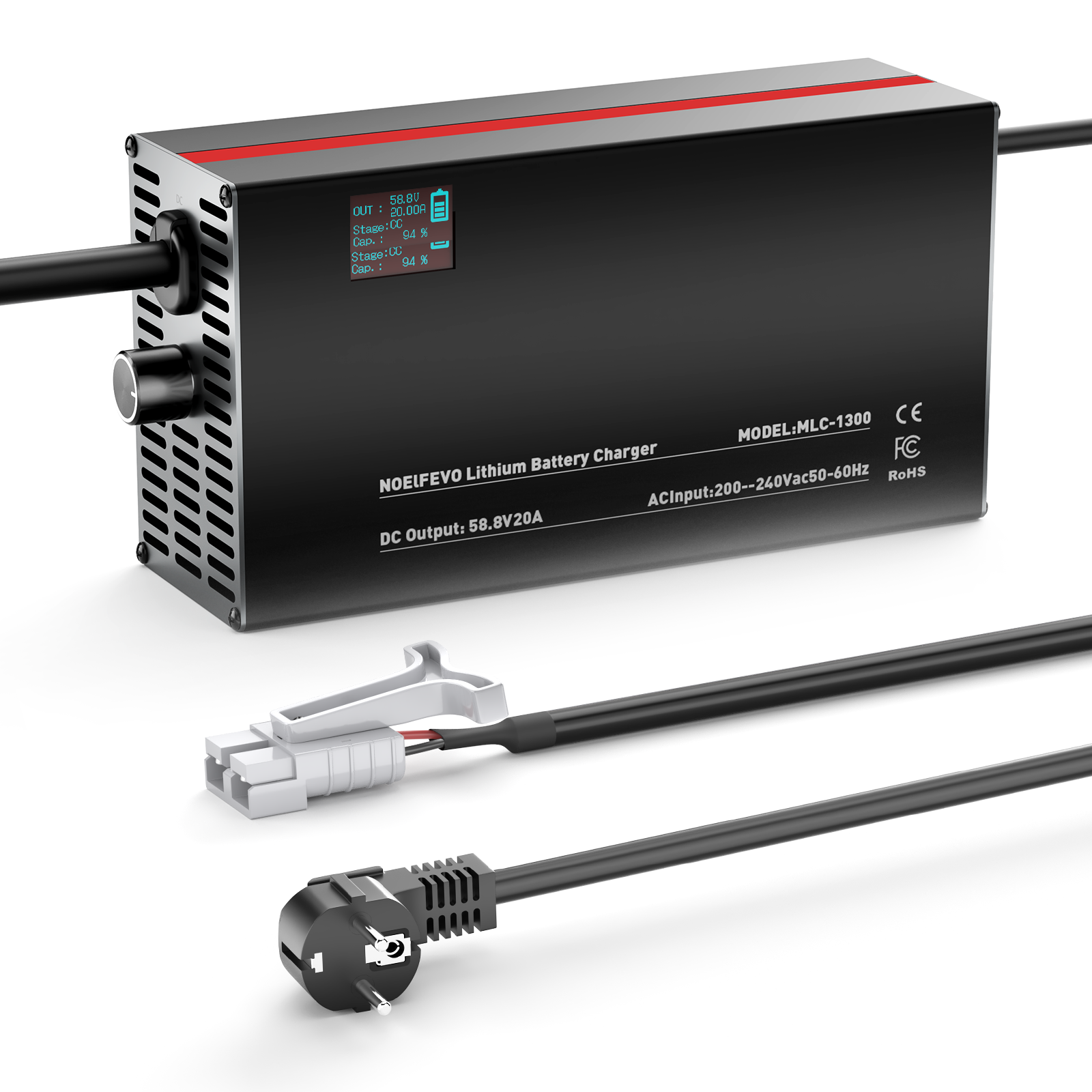 NOEIFEVO 58,8V 2-20A Caricabatterie per batterie al litio 51,8V 52V 14S Li-Ion Li-Po, con display LCD, corrente regolabile, caricabatterie per e-bike, scooter, moto elettrica