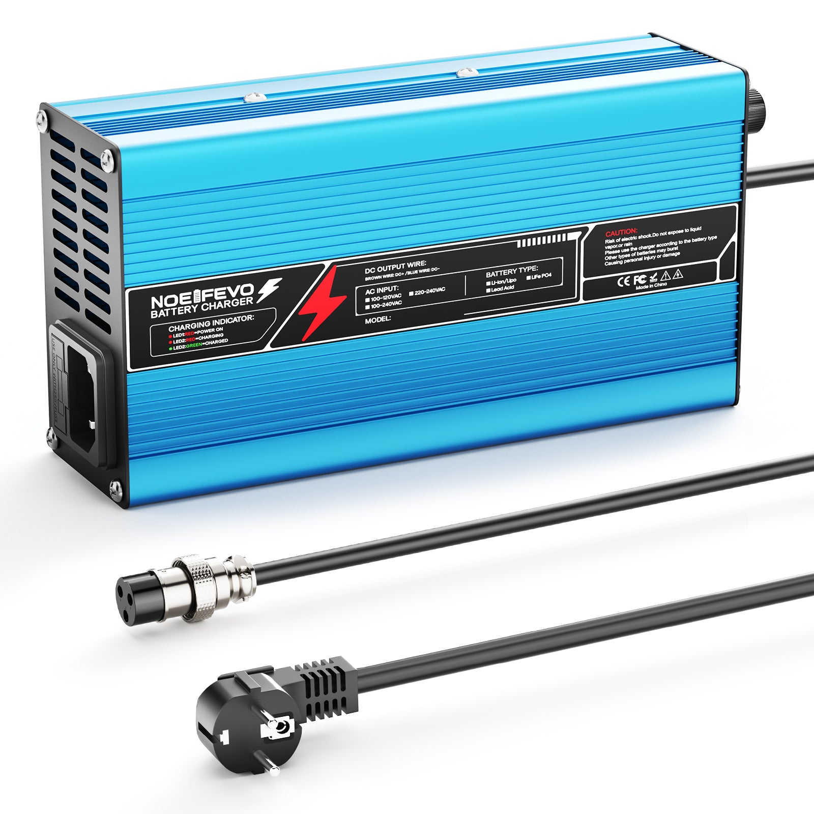 NOEIFEVO 42V 10A 10S Lithium-Batterieladegerät, für 10S 37V Li-Ion Batterie, automatische Abschaltung, Aluminiumgehäuse, mit Lüfter(blau)