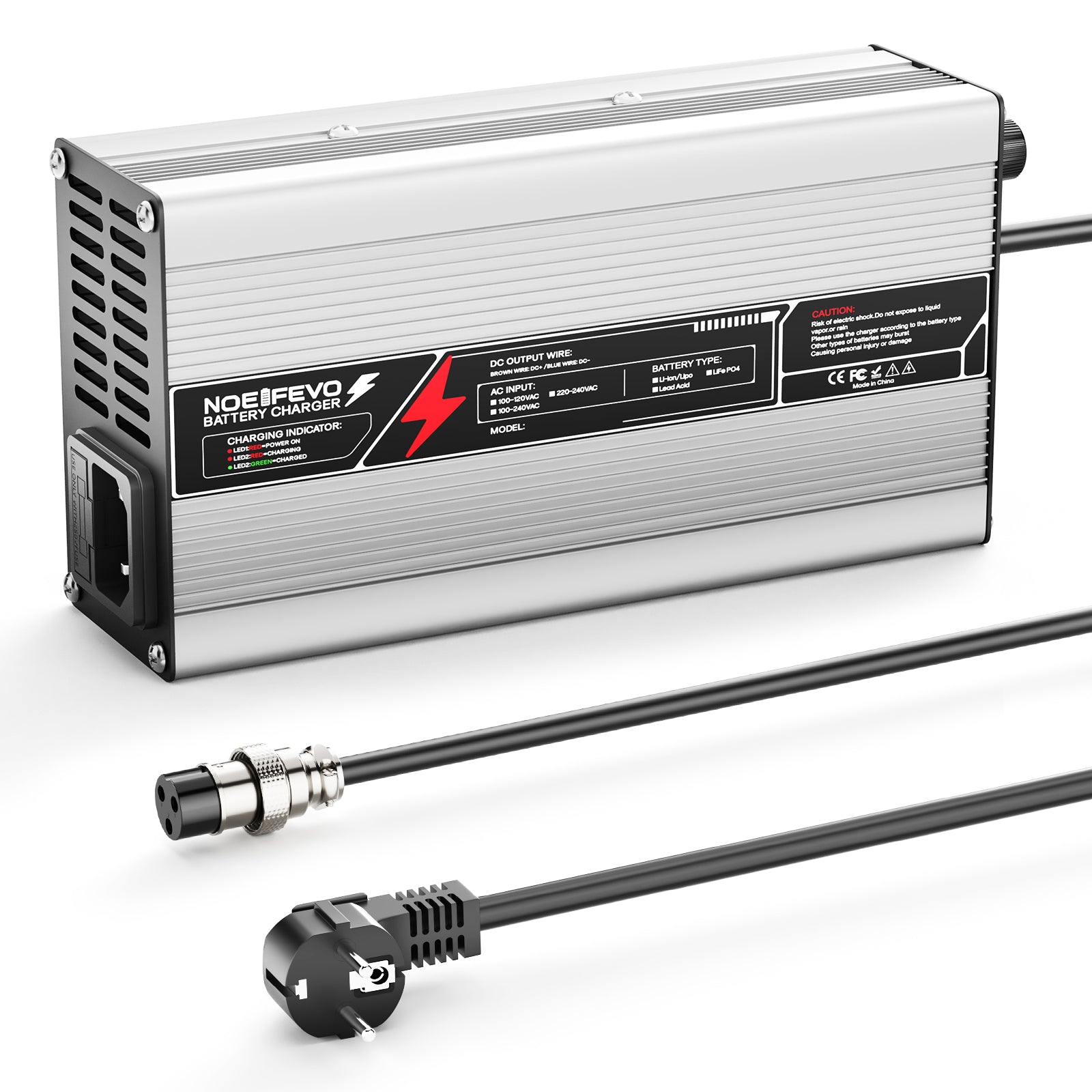 NOEIFEVO 71,4V 6A Litiumbatteriladdare för 62,9 V (60 V) 17S-batteri, automatisk avstängning, aluminiumhus, med fläkt (silver)