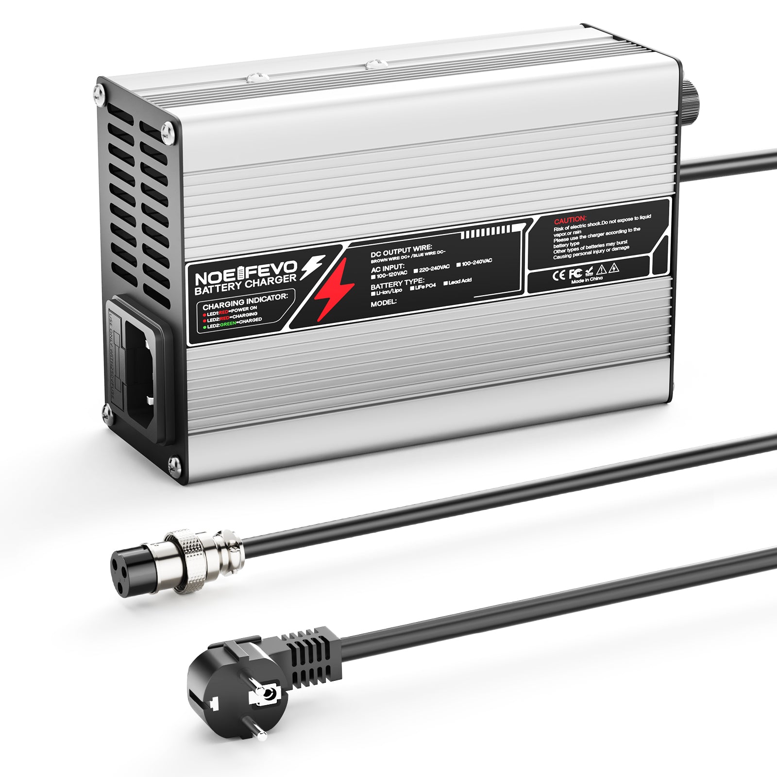 NOEIFEVO 50.4V 2A 2.5A 3A Caricabatterie al litio per batterie 12S 44.4V Li-Ion Lipo, ventola di raffreddamento, spegnimento automatico