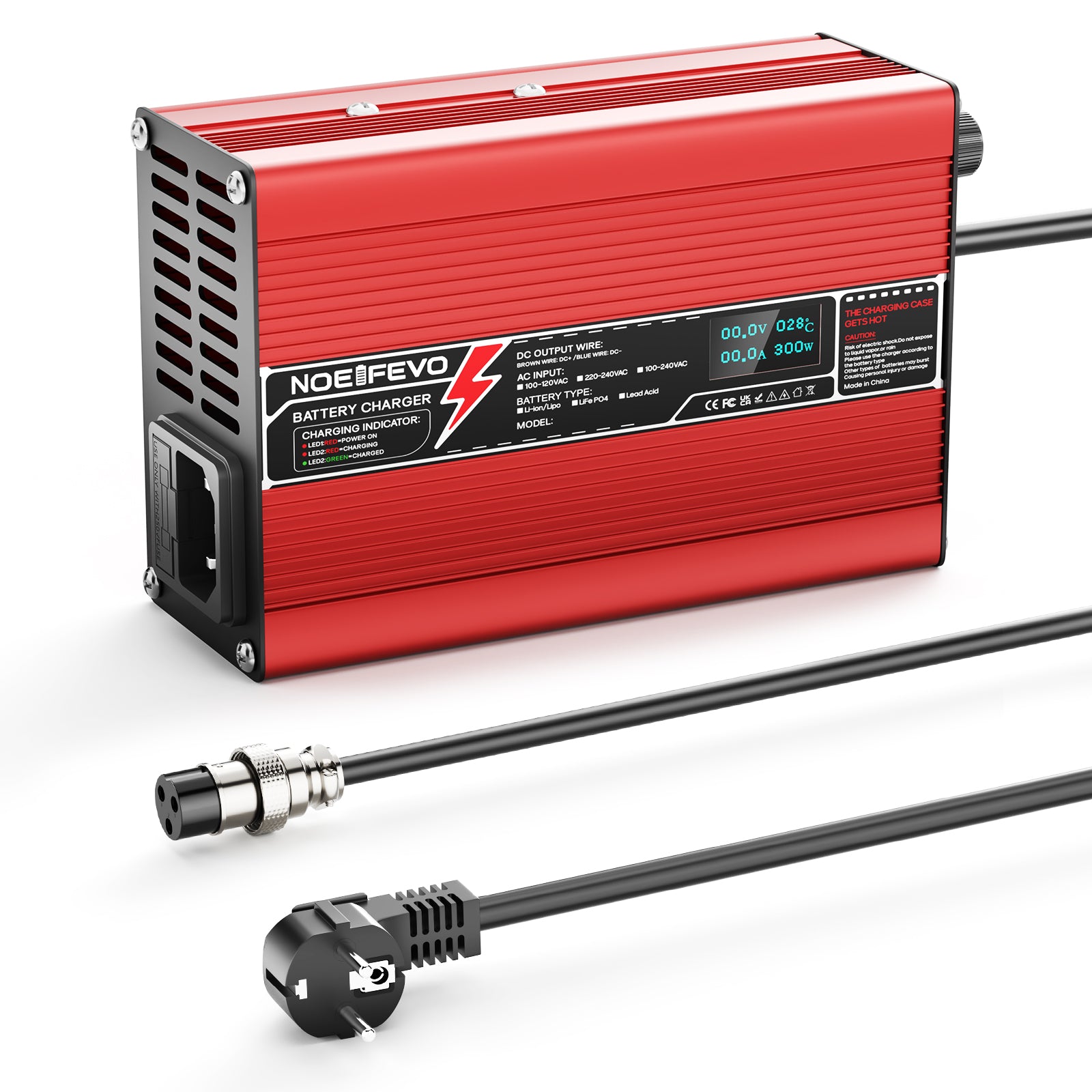 NOEIFEVO 12,6V 10A Lithium-Ladegerät für 3S 11,1V Li-Ion Lipo-Batterien,  Kühlventilator, automatischer Abschaltung(RED)