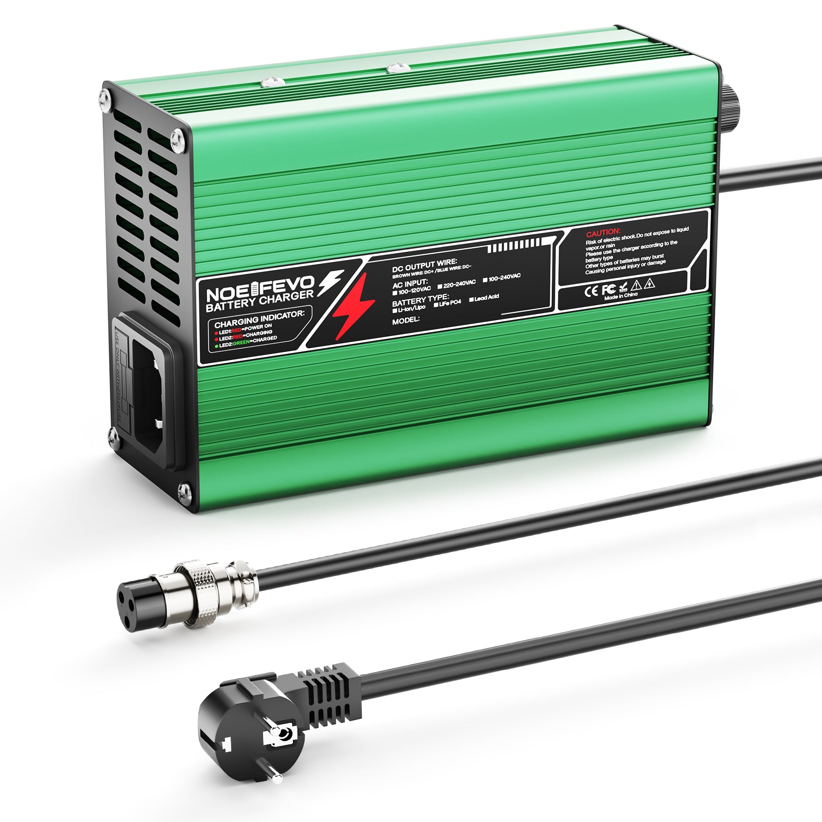 NOEIFEVO 36.5V 2A 3A 3.5A 4A LiFePO4 Batterie-Laddare för 10S 32V LiFePO4 Batteri, automatisk avstängning (GRÖN)