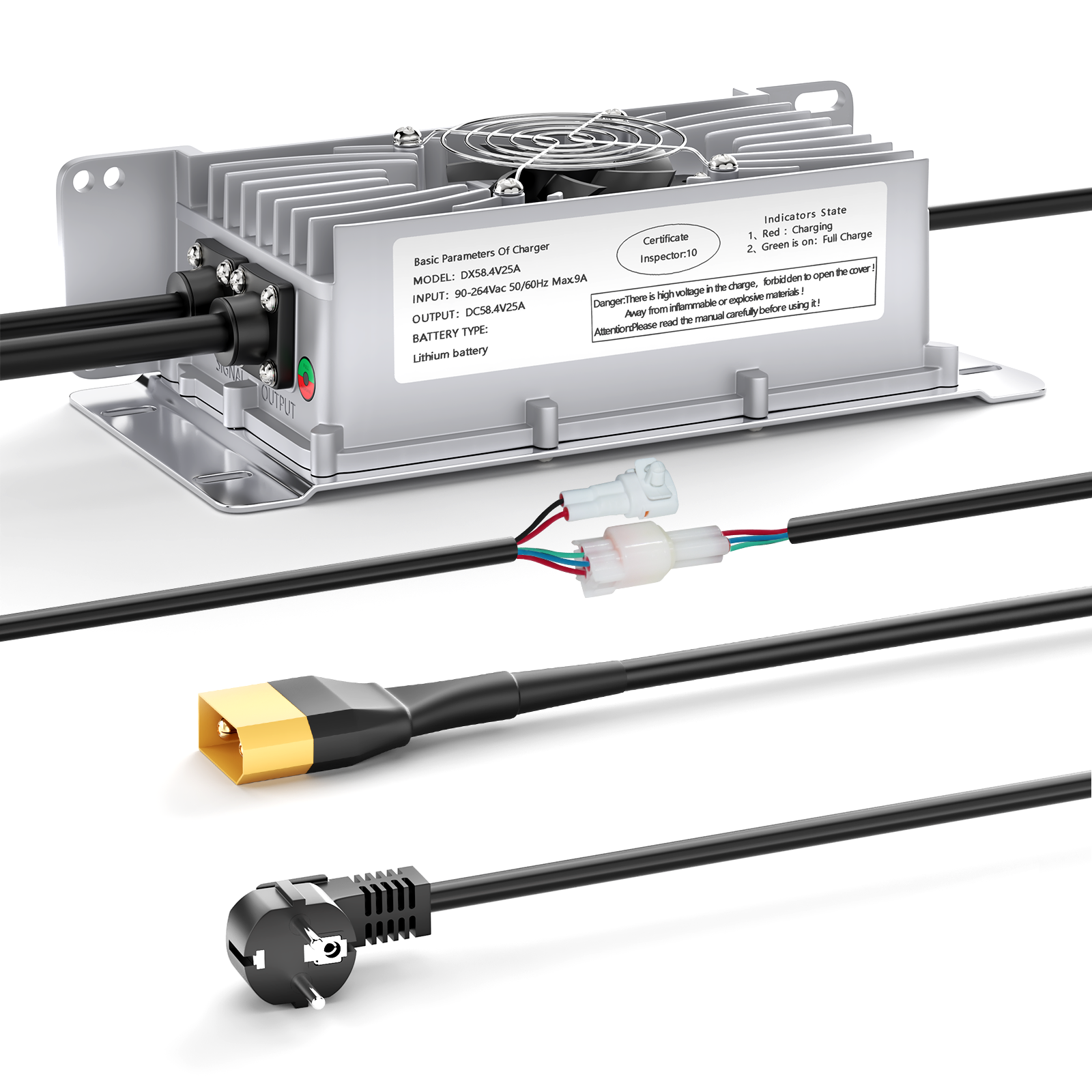 NOEIFEVO 48V 25A Lithium-Lifepo4 Batteriladdare, 58,4V Laddningsspänning för 48V (51,2V) 16S Batteri, Vattentät, 0V BMS Aktivering, med Låskabel för Elektriska Fordon, E-cyklar och Golfbilar