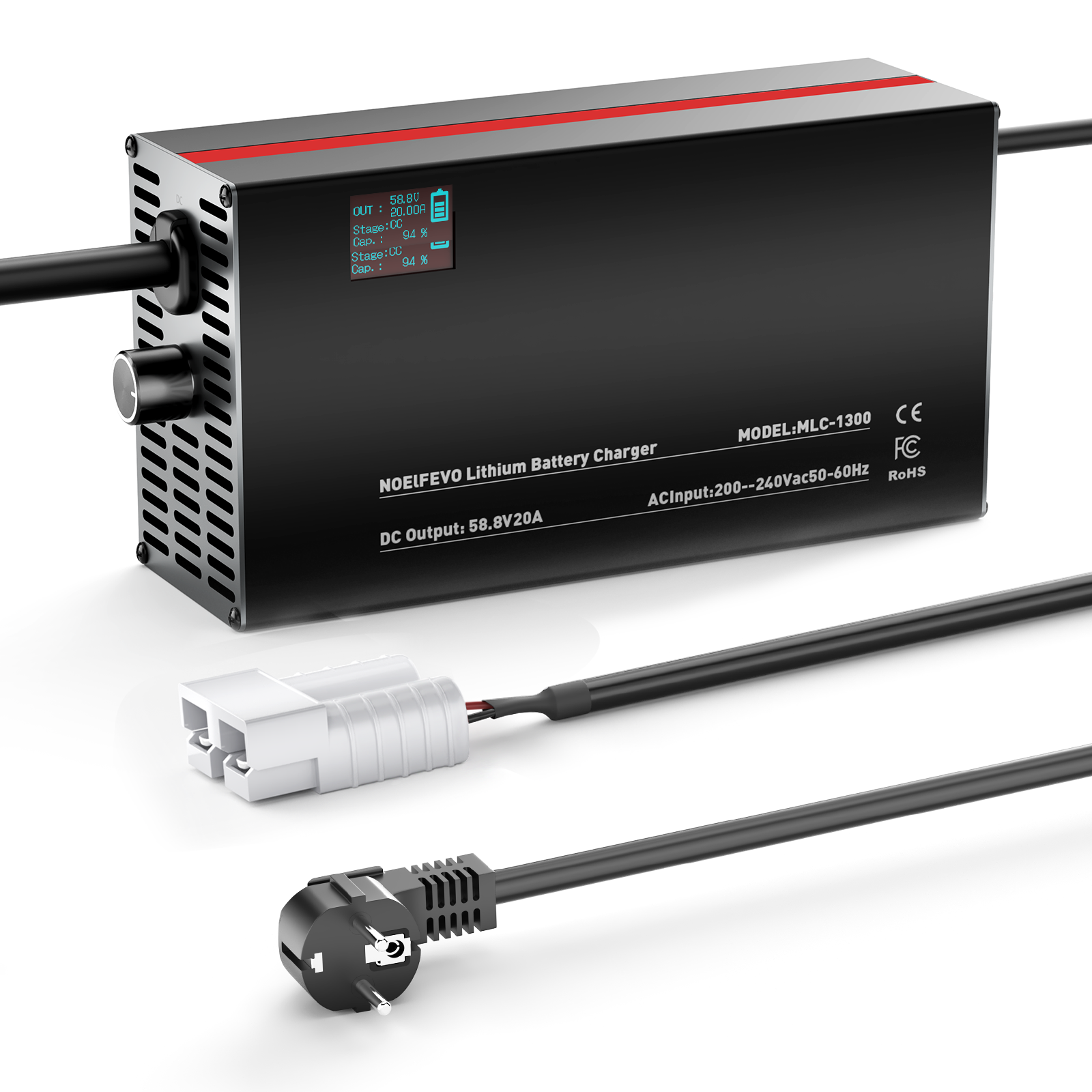 NOEIFEVO 58,8V 2-20A Caricabatterie per batterie al litio 51,8V 52V 14S Li-Ion Li-Po, con display LCD, corrente regolabile, caricabatterie per e-bike, scooter, moto elettrica