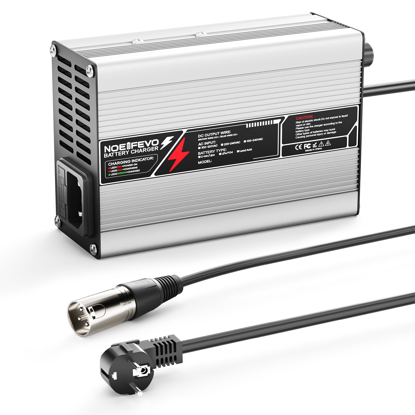 NOEIFEVO 50.4V 2A 2.5A 3A Caricabatterie al litio per batterie 12S 44.4V Li-Ion Lipo, ventola di raffreddamento, spegnimento automatico