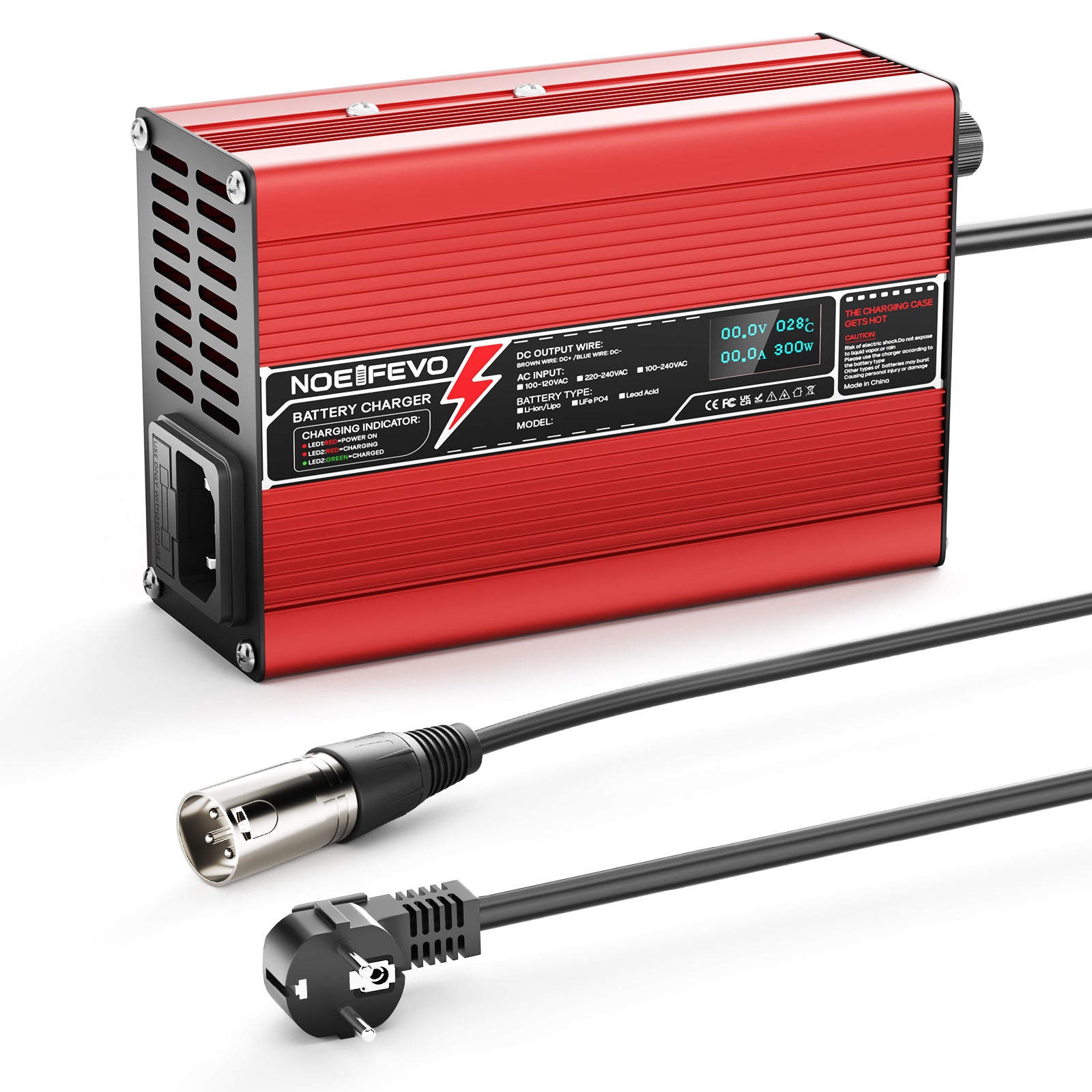 NOEIFEVO 50.4V 2A 2.5A 3A litiumladdare för 12S 44.4V Li-Ion Lipo-batterier, kylfläkt, automatisk avstängning(RED)