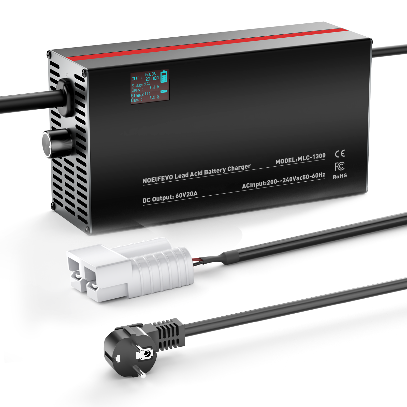 NOEIFEVO 60V 2A-20A Cargador de Baterías Ajustable para Baterías de Plomo-Ácido, AGM, Gel, Cargador para Baterías de Carros de Golf, con Pantalla LED.