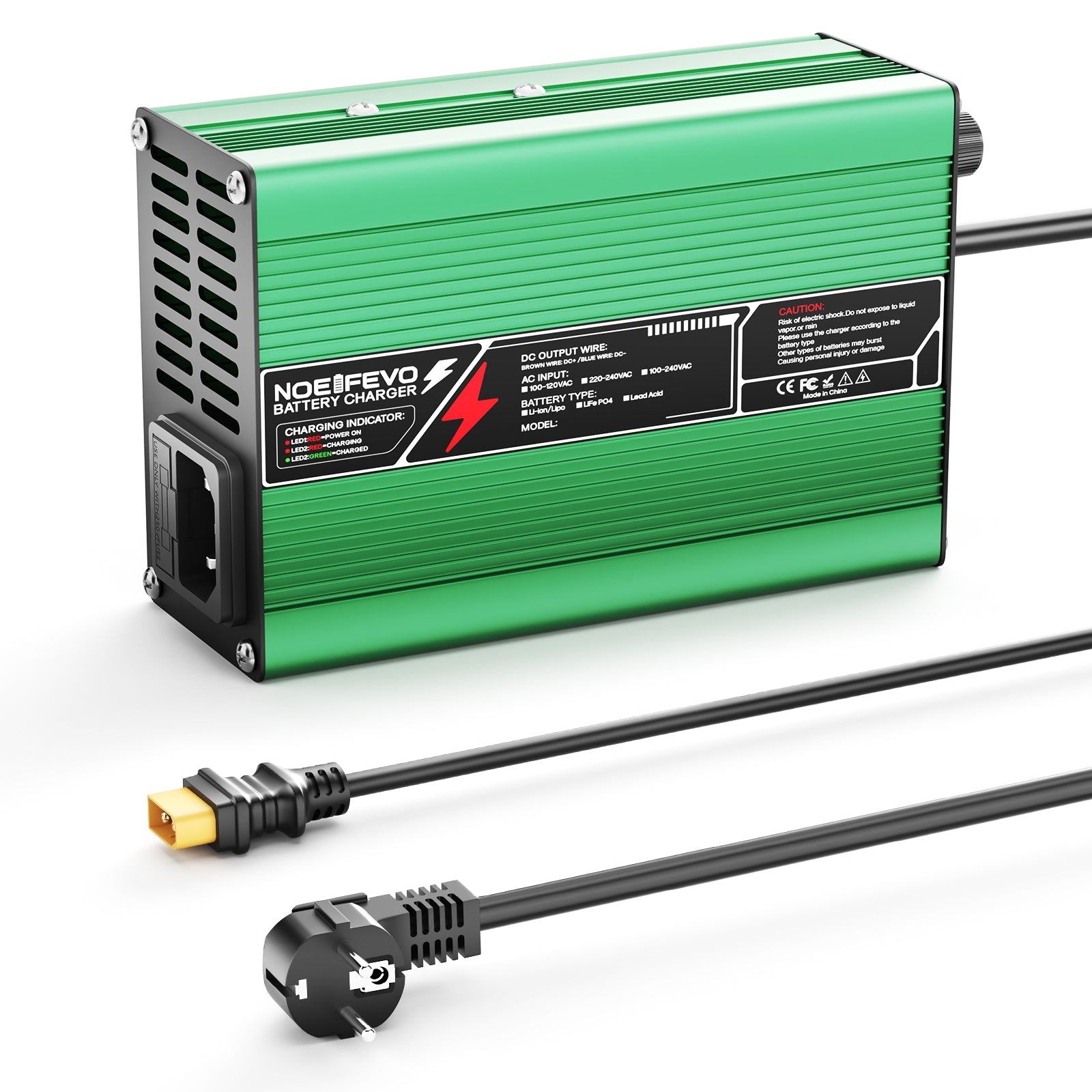 NOEIFEVO 50.4V 2A 2.5A 3A litiumladdare för 12S 44.4V Li-Ion Lipo-batterier, kylfläkt, automatisk avstängning (GRÖN)