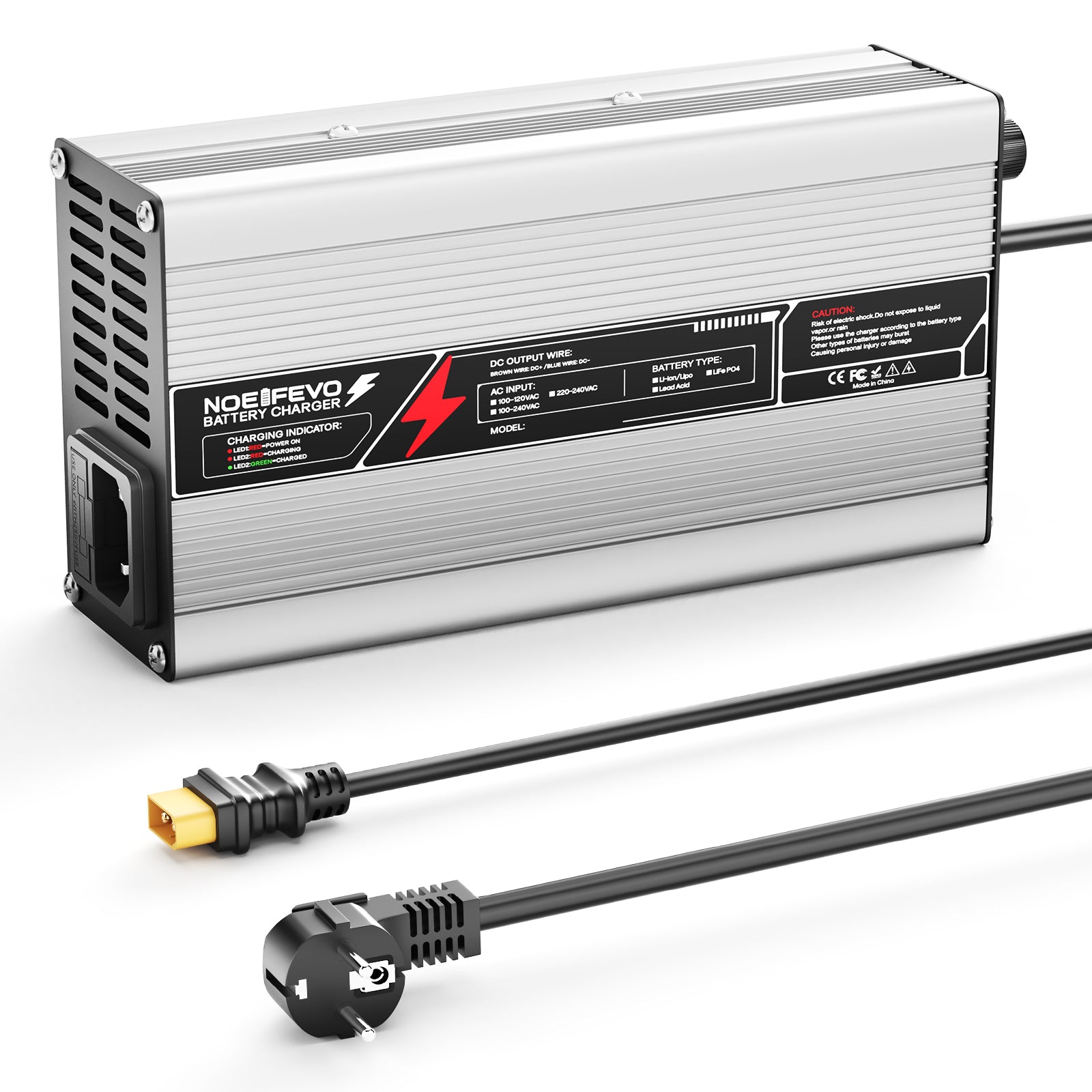 NOEIFEVO 14,6V 20A Carregador de Bateria LiFePO4 para Bateria de 12V (12,8V) 4S, Desligamento Automático, Carcaça de Alumínio, com Ventilador (Prata)