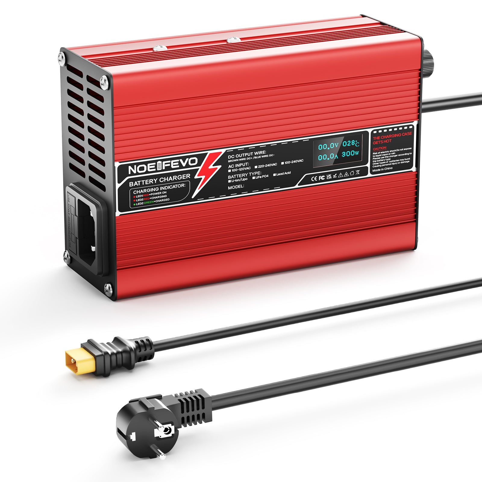 NOEIFEVO 50.4V 2A 2.5A 3A litiumladdare för 12S 44.4V Li-Ion Lipo-batterier, kylfläkt, automatisk avstängning(RED)