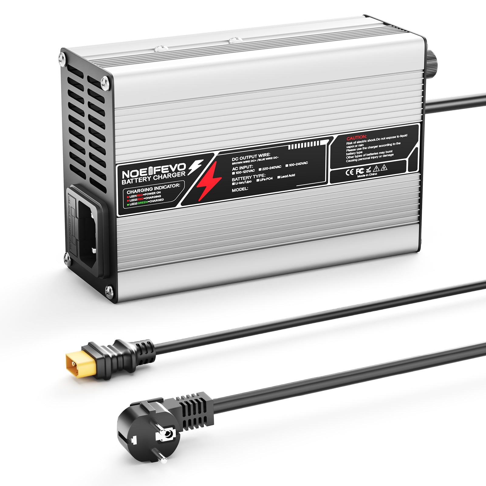 NOEIFEVO 50.4V 2A 2.5A 3A Caricabatterie al litio per batterie 12S 44.4V Li-Ion Lipo, ventola di raffreddamento, spegnimento automatico