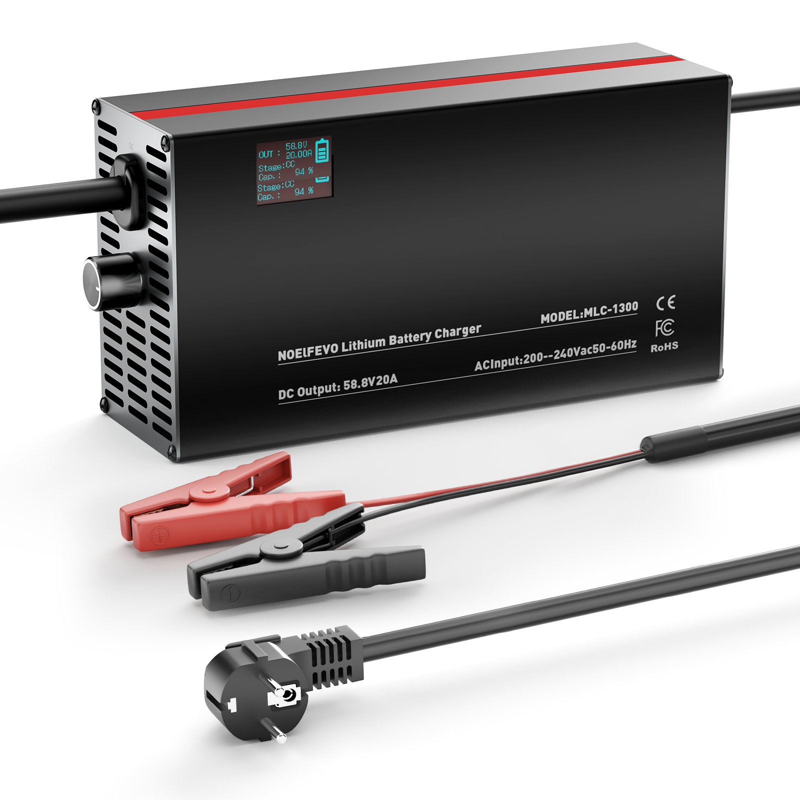 NOEIFEVO 58,8V 2-20A Caricabatterie per batterie al litio 51,8V 52V 14S Li-Ion Li-Po, con display LCD, corrente regolabile, caricabatterie per e-bike, scooter, moto elettrica