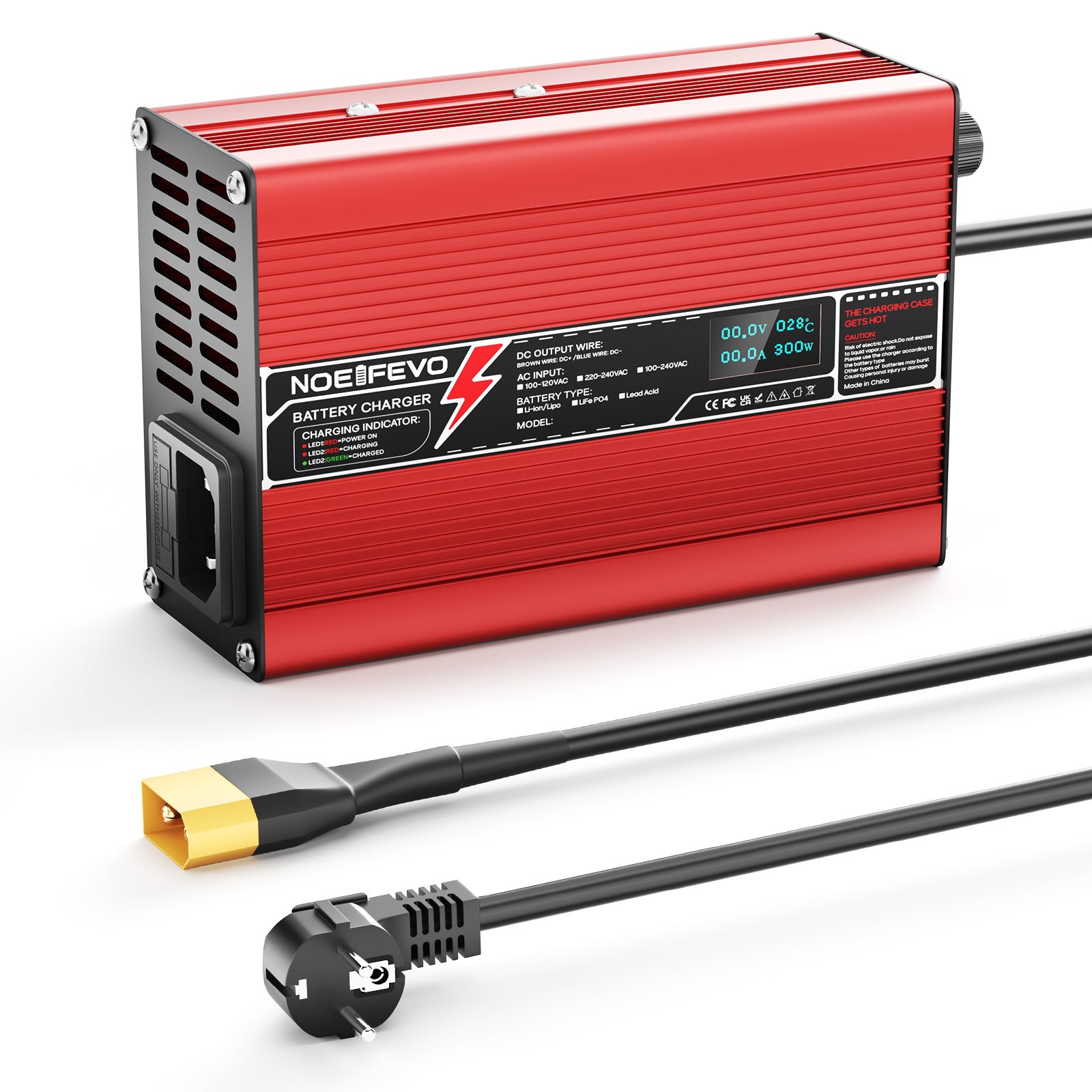 NOEIFEVO 42V 2A 3A 3.5A 4A  Lithium-lader til 10S 37V Li-Ion Lipo-batterier, med køleventilator, automatisk slukning (RØD)