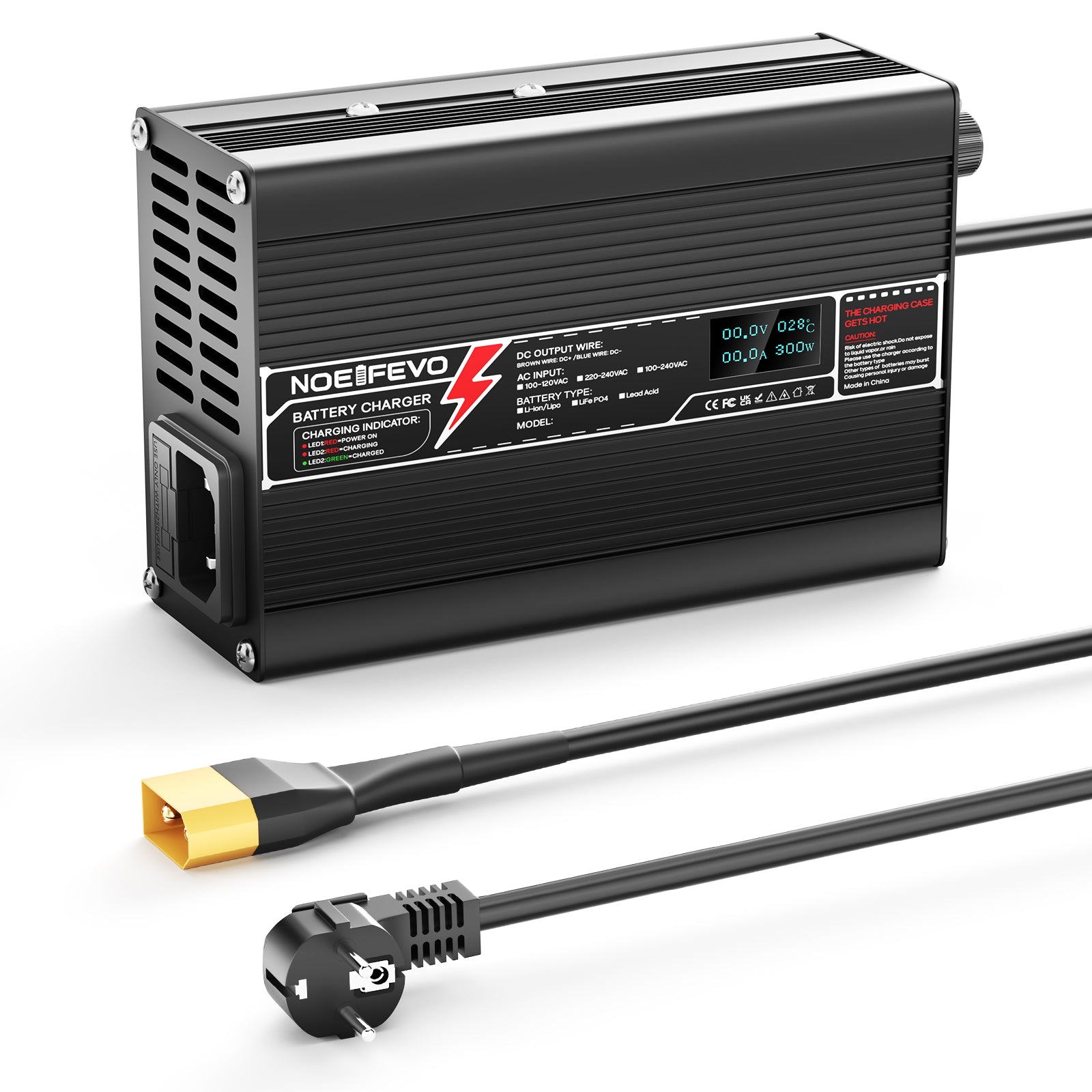 מטען ליתיום NOEIFEVO 33.6V 5A עבור סוללות Li-Ion Lipo 8S 29.6V, עם תצוגת LCD, מאוורר קירור, וכיבוי אוטומטי.