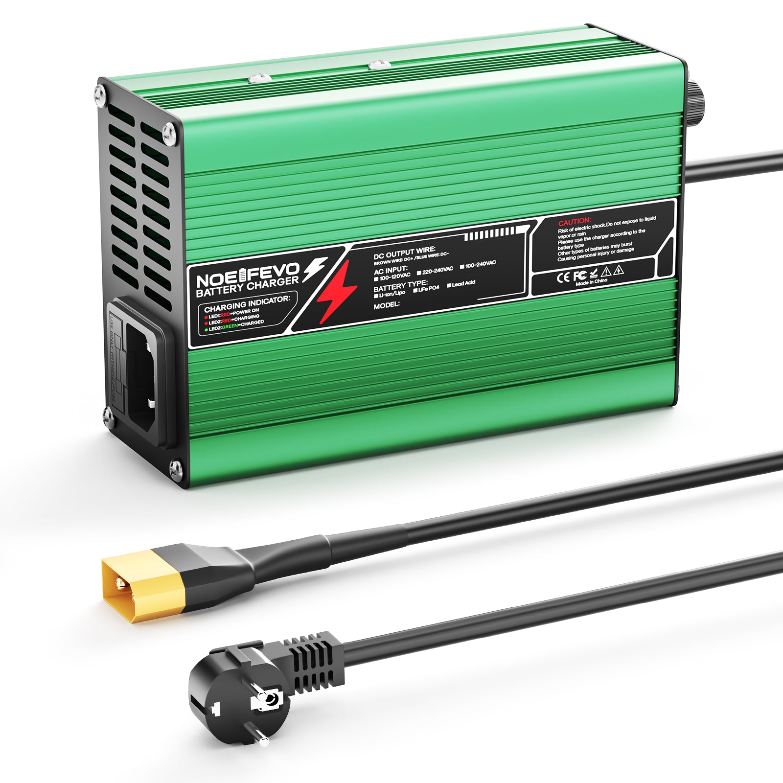 NOEIFEVO 29.4V 2A 3A 4A 5A Litium-laddare för 7S 25.9V Li-Ion Lipo-batterier, kylfläkt, automatisk avstängning (GRÖN)