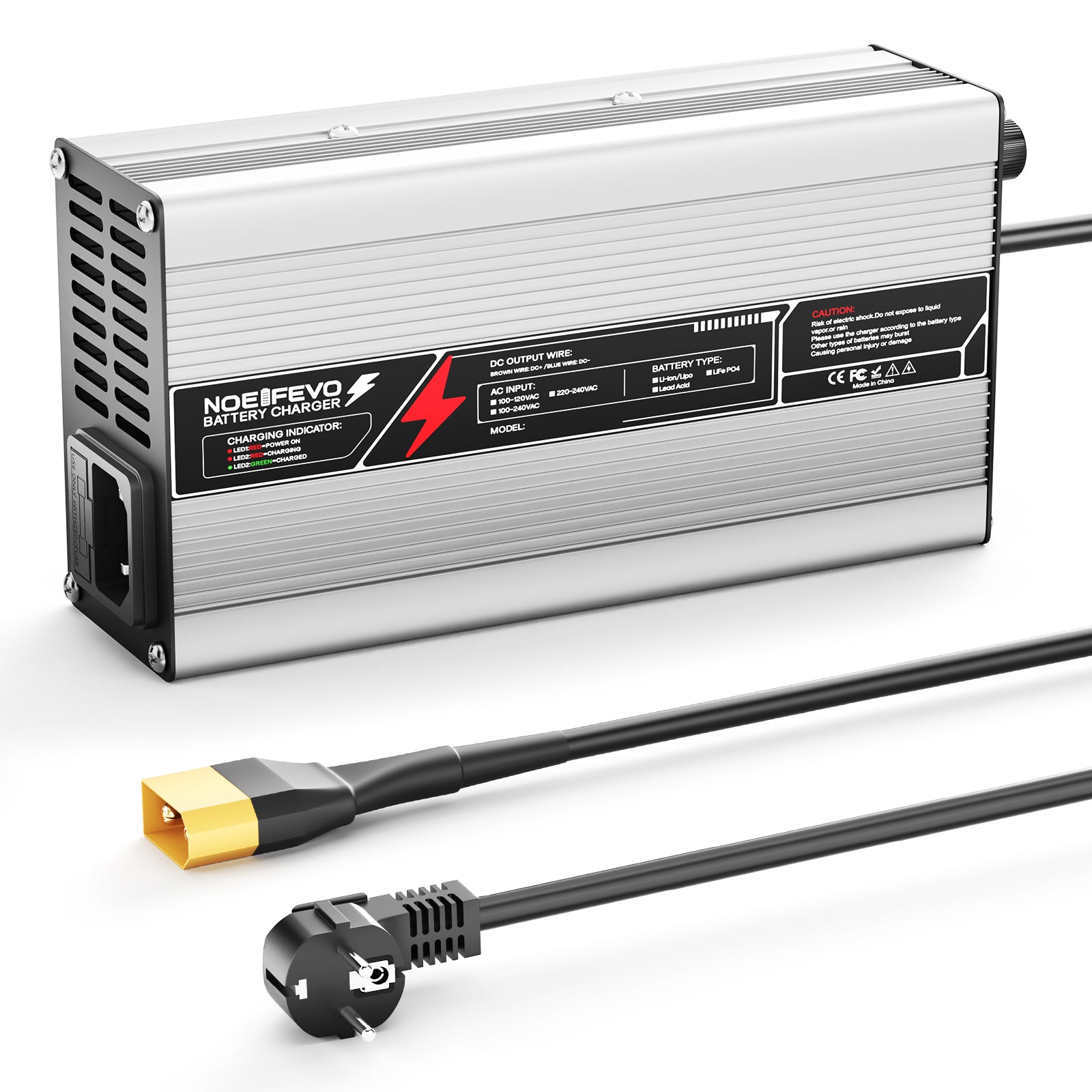 NOEIFEVO 14,6V 20A LiFePO4 Batterieladegerät für 12V (12,8V) 4S-Batterie, automatische Abschaltung, Aluminiumgehäuse, mit Lüfter (Silber)