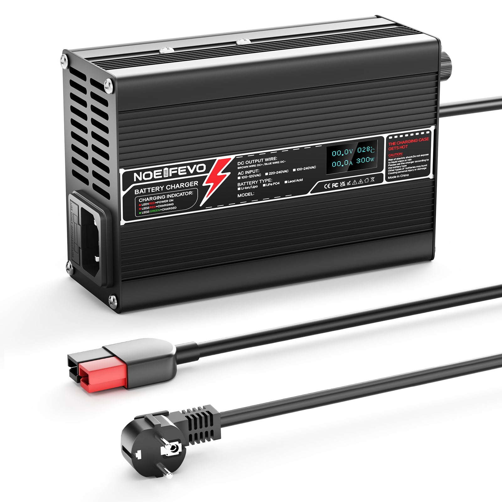 מטען ליתיום NOEIFEVO 29.4V 4A עבור סוללות Li-Ion Lipo 7S 25.9V, עם תצוגת LCD, מאורר קירור, כיבוי אוטומטי.