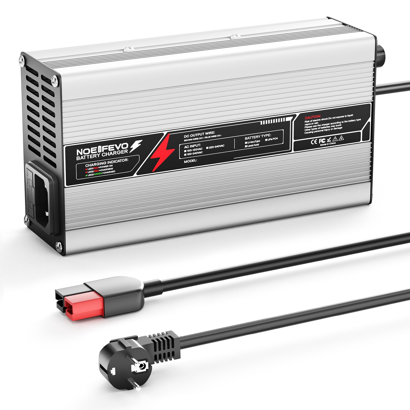 NOEIFEVO 67,2 V 6 A Lithium-batteriladdare för 59,2 V (60 V) 16S-batteri, automatisk avstängning, aluminiumhölje, med fläkt (silver)