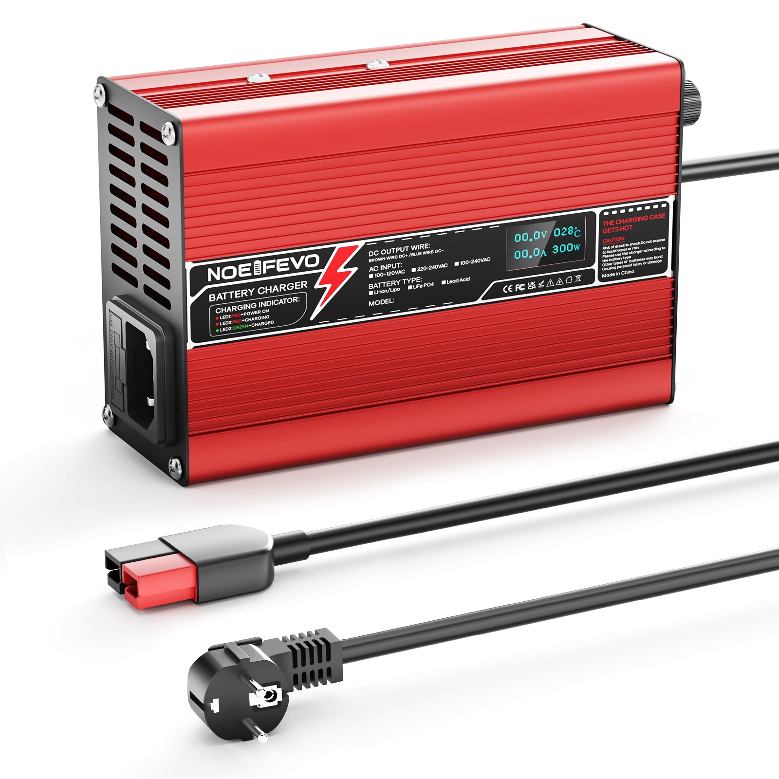 NOEIFEVO 42V 2A 3A 3.5A 4A Carregador de Bateria de Lítio para Baterias 10S 37V Li-Ion Lipo, Ventilador de Resfriamento, Desligamento Automático (Vermelho)