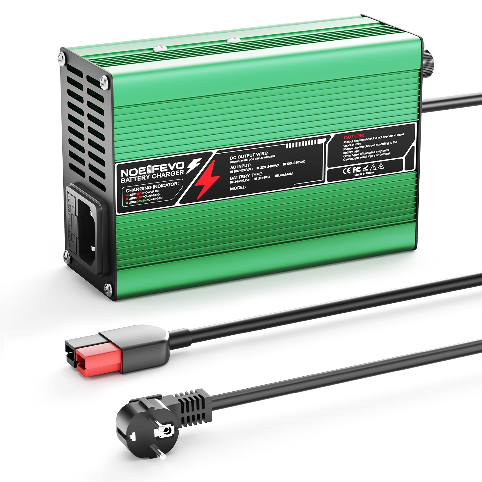 NOEIFEVO 33.6V 2A 3A 4A 5A Lithium-Laddare för 8S 29.6V Li-Ion Lipo-Batterier, Kylfläkt, Automatisk Avstängning (GRÖN)