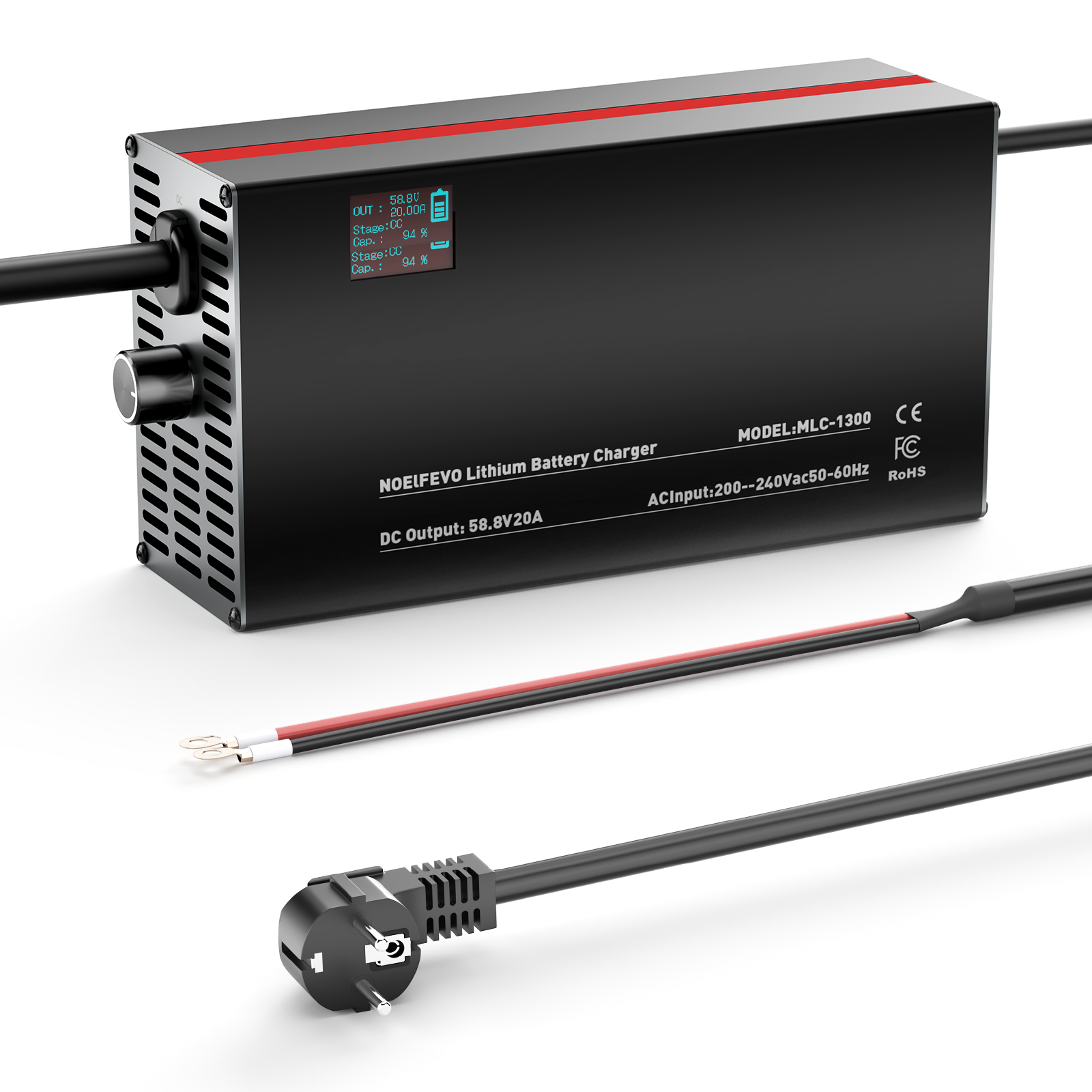 NOEIFEVO 58,8V 2-20A Caricabatterie per batterie al litio 51,8V 52V 14S Li-Ion Li-Po, con display LCD, corrente regolabile, caricabatterie per e-bike, scooter, moto elettrica