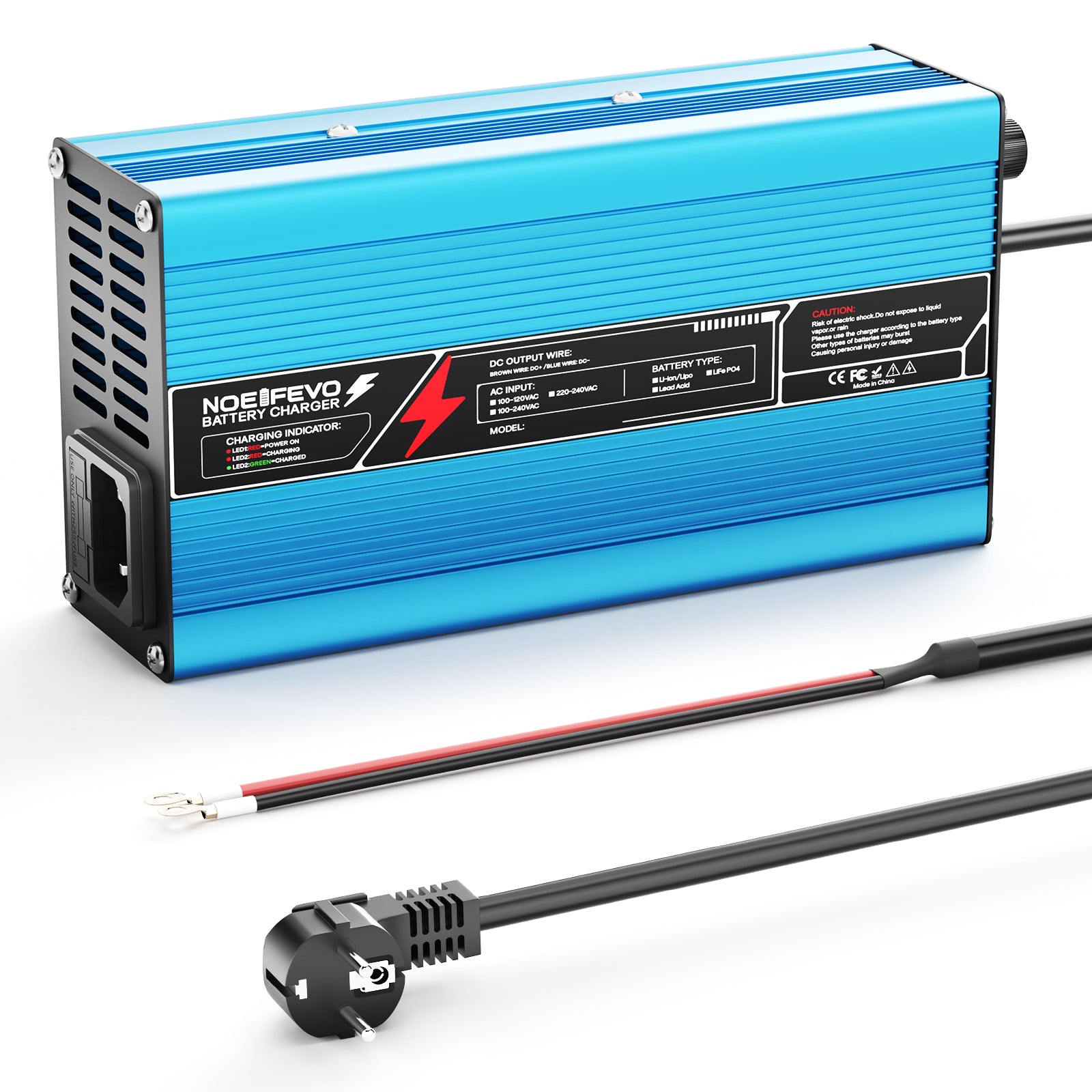 NOEIFEVO 42V 10A 10S Lithium-Batterieladegerät, für 10S 37V Li-Ion Batterie, automatische Abschaltung, Aluminiumgehäuse, mit Lüfter(blau)