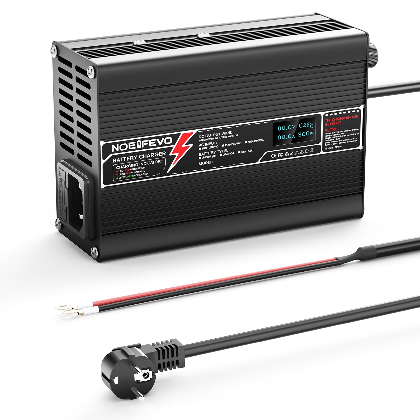 מטען ליתיום NOEIFEVO 29.4V 4A עבור סוללות Li-Ion Lipo 7S 25.9V, עם תצוגת LCD, מאורר קירור, כיבוי אוטומטי.