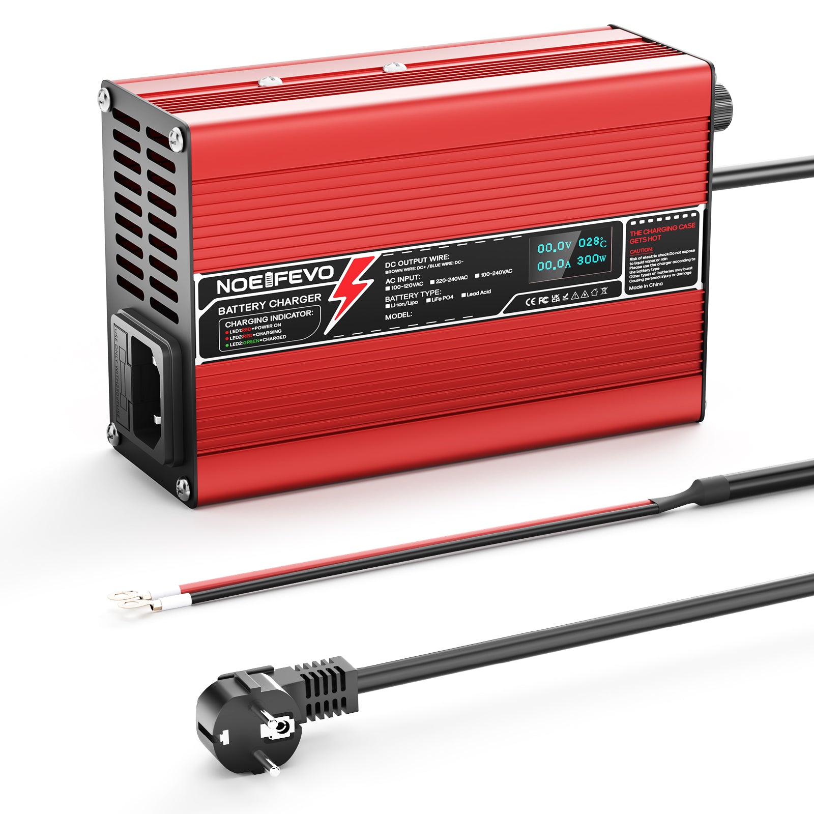 NOEIFEVO 12,6V 10A Carregador de Lítio para Baterias 3S 11,1V Li-Ion Lipo, Ventilador de Resfriamento, Desligamento Automático (Vermelho)