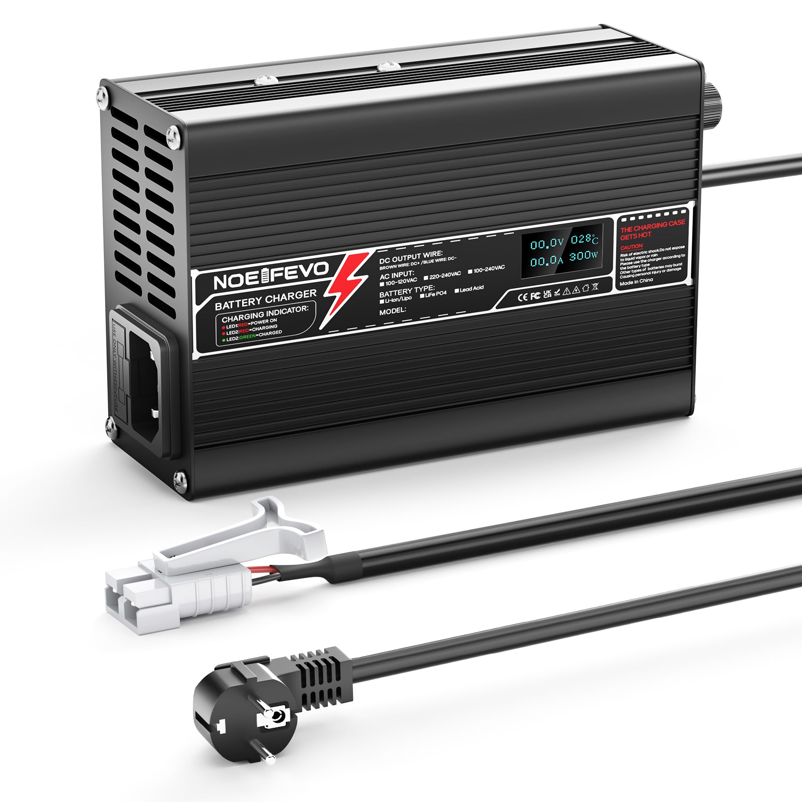 NOEIFEVO Caricabatterie al Litio 37.8V 2A per batterie Li-Ion Lipo 9S 33.3V, con display LCD, ventola di raffreddamento e spegnimento automatico