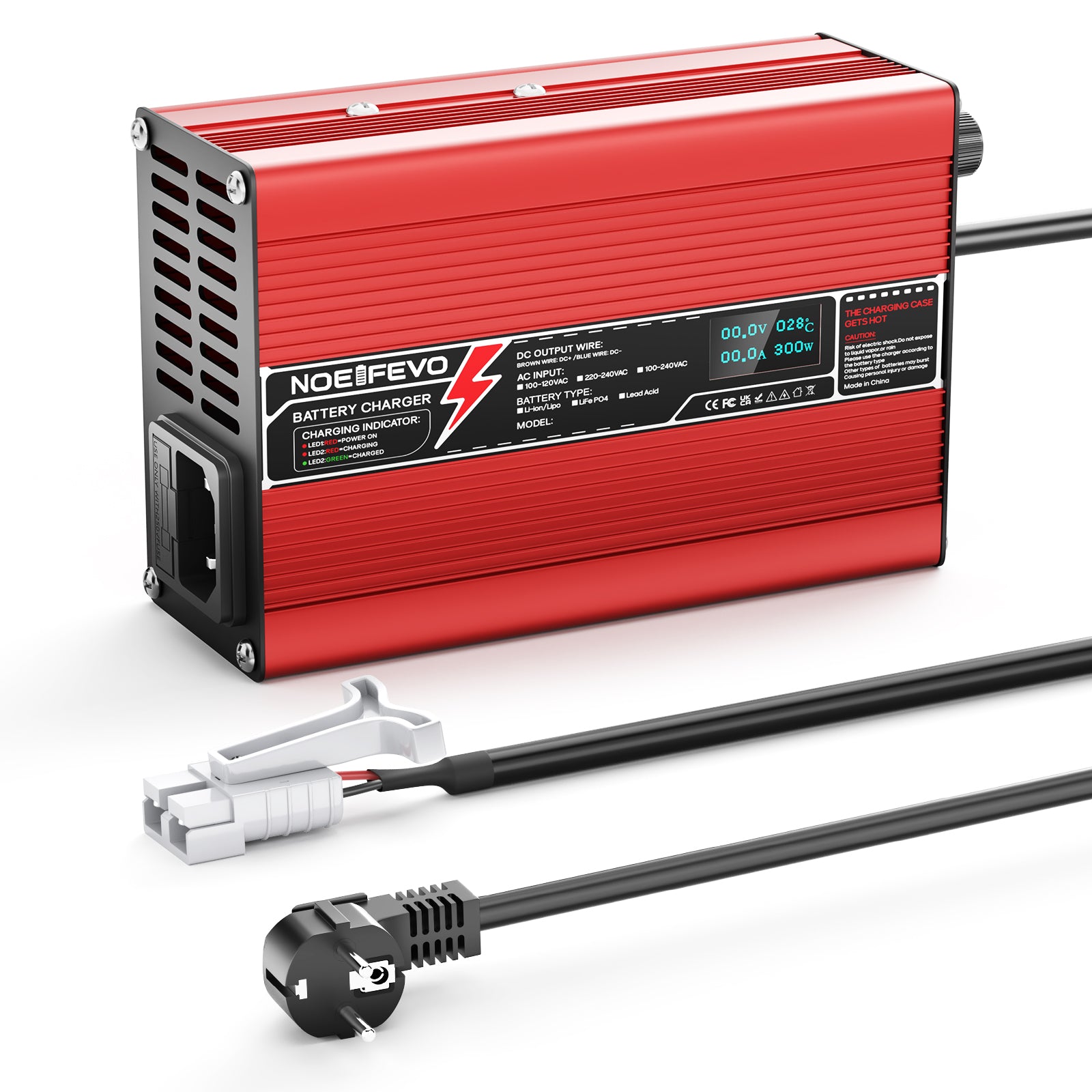 NOEIFEVO Caricabatterie al Litio 12,6V 10A per Batterie Li-Ion Lipo 3S 11,1V, Ventola di Raffreddamento, Spegnimento Automatico (ROSSO)