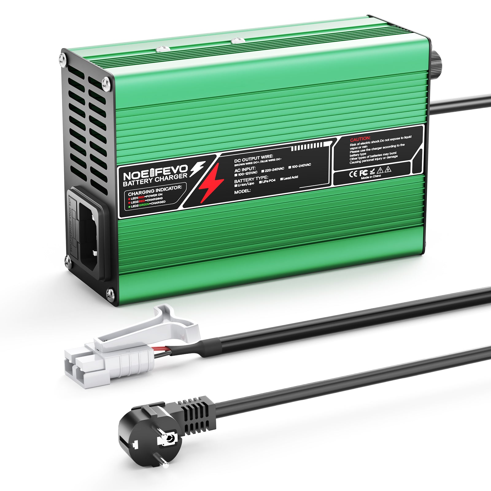 NOEIFEVO מטען ליתיום 21V 5A עבור סוללות 5S 18.5V Li-Ion Lipo, מאוורר קירור, כיבוי אוטומטי (ירוק).