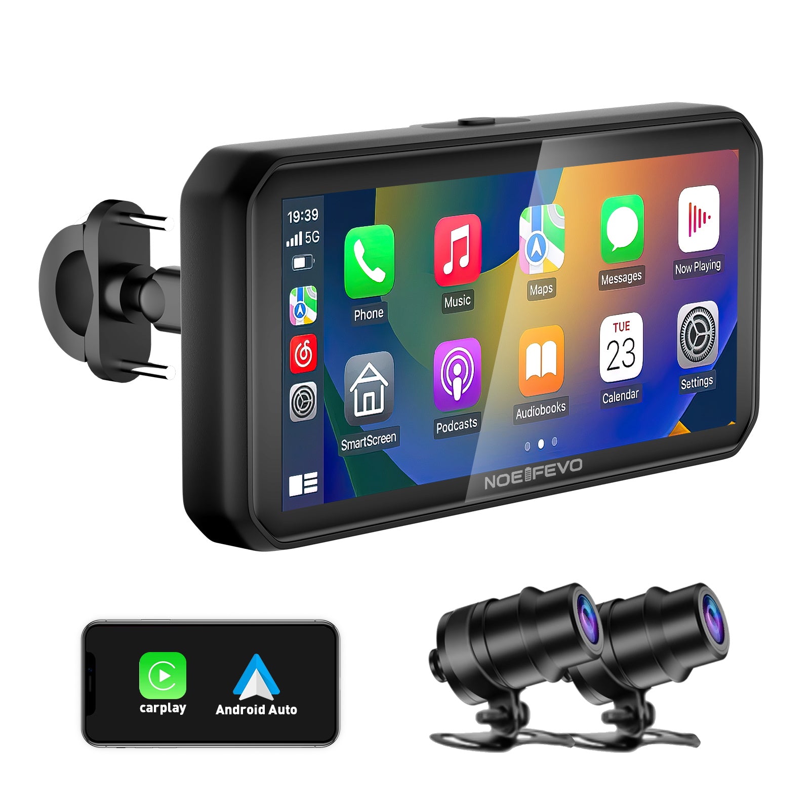 NOEIFEVO MT9B Motorcykel-Carplay-skærm med blindvinkelregistreringsfunktion, trådløs CarPlay og Android Auto, bærbar vandtæt 6,3-tommer touchskærm, forbedret dual Bluetooth, navigation
