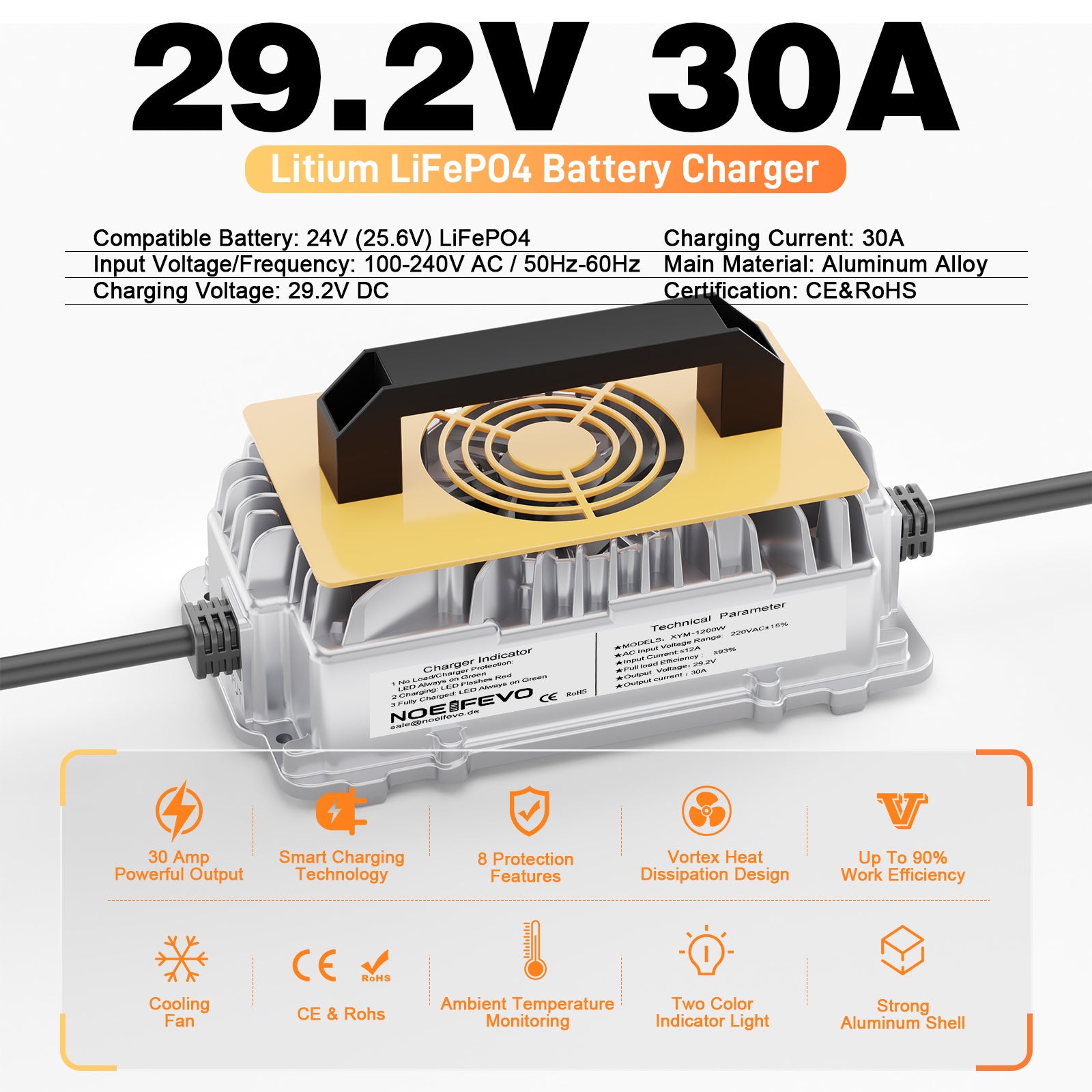 Noeifevo 29.2V 30A LiFePO4 מטען סוללה לסוללת ליתיום 24V 25.6V, עמיד למים, הפעלה 0V BMS, כיבוי אוטומטי