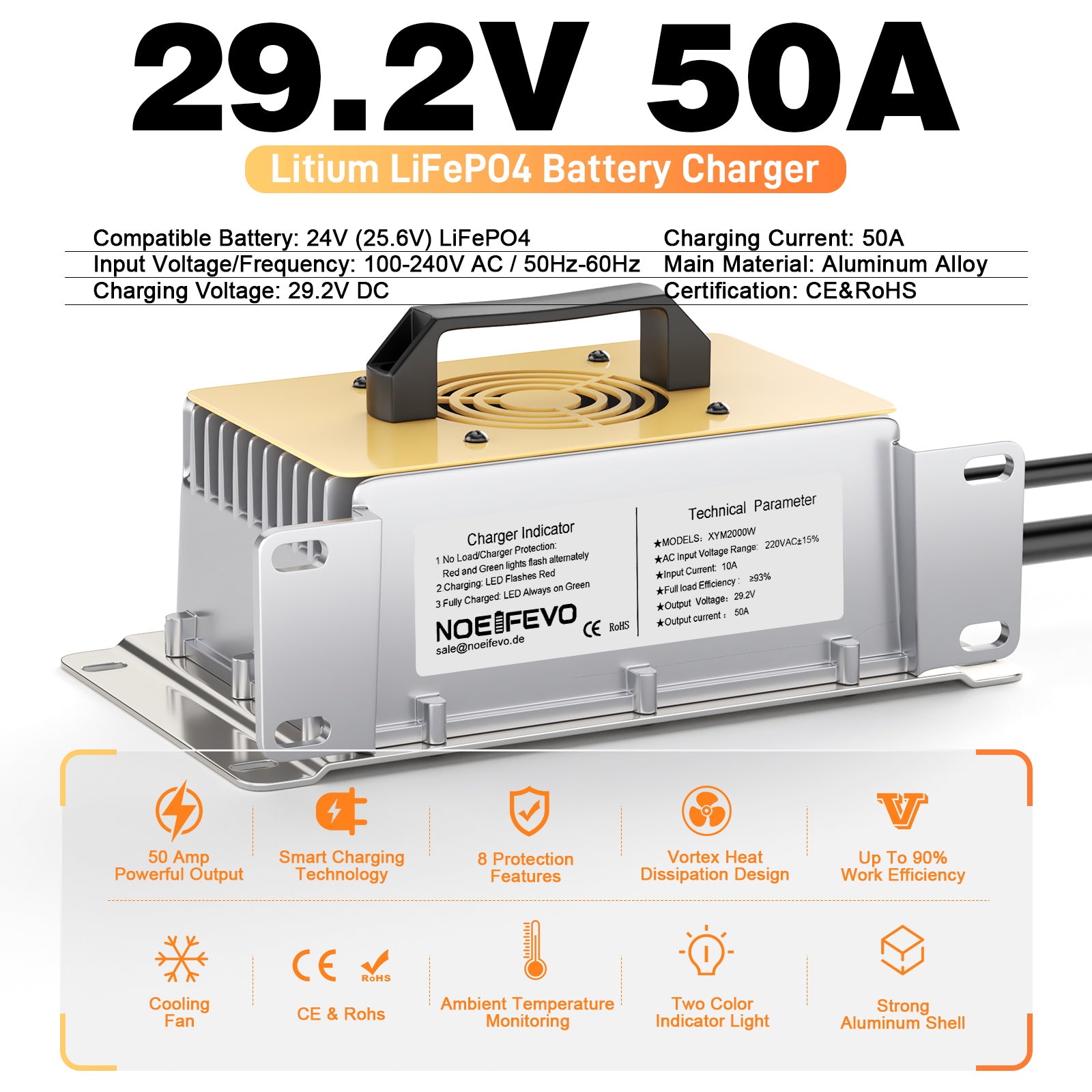 NOEIFEVO 29,2 V 50A  rápido Carregador para bateria de lítio LiFePO4 de 24 V 25,6 V, à prova de água, ativação de 0 V BMS