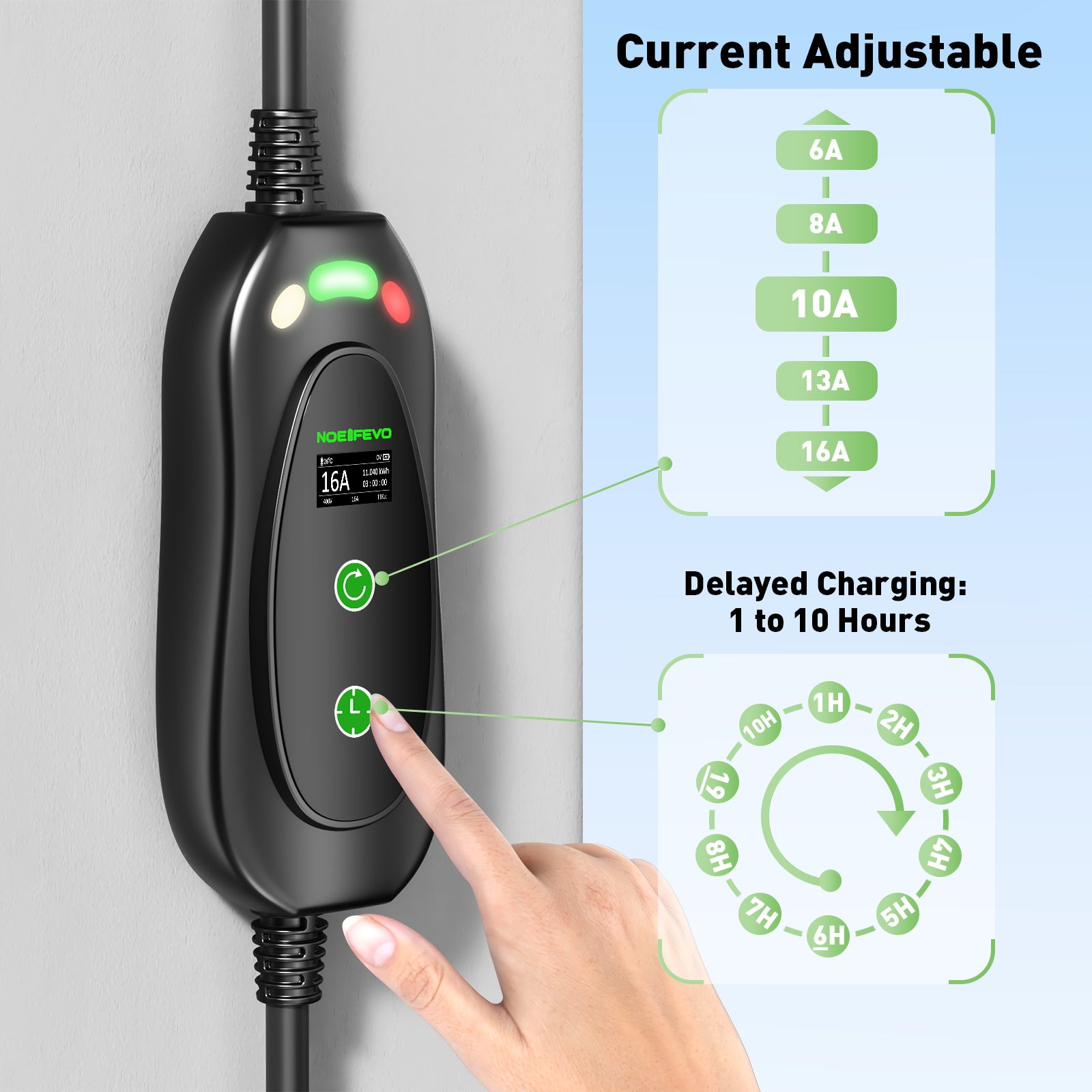 NOEIFEVO Typ2 Mobile Wallbox/Ladestation 11 kW 3-Phasen, 6-16 A Einstellbarer Ladestrom, 1-10 Stunden Verzögerungs-Ladung, CEE 16A auf Typ2 Tragbarer EV-Ladegerät , Für alle Typ2 EV & PHEV