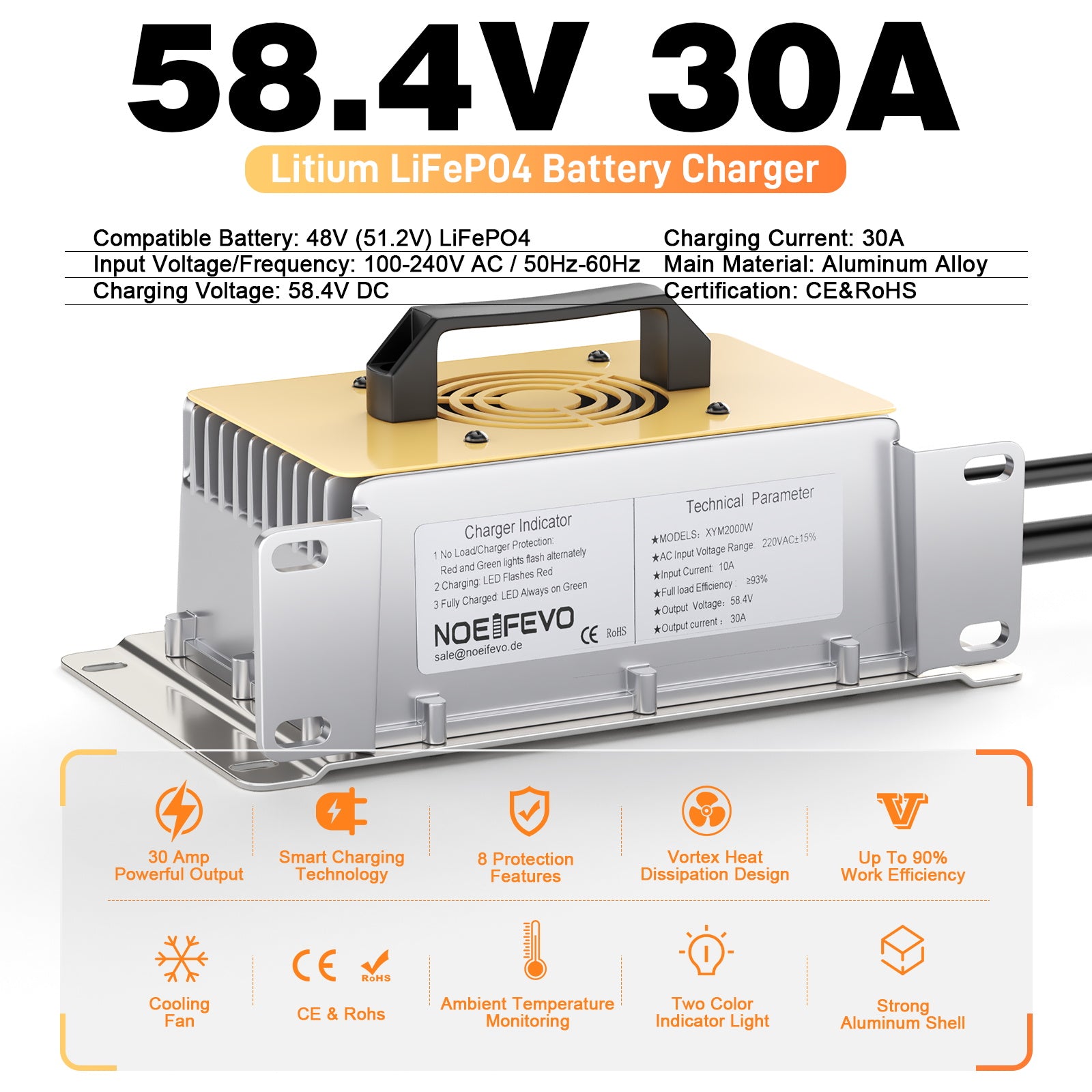 NOEIFEVO 58.4V 30A LiFePO4 Cargador de batería para 51.2V(48V) 16S LiFePO4 Batería, Impermeable, 0V BMS Habilitado