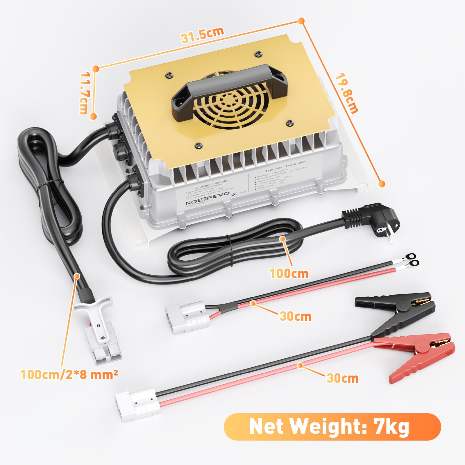 NOEIFEVO 58,4V 50A LiFePO4 nabíječka baterií pro 51,2V (48V) 16S LiFePO4 baterii, vodotěsná, 0V BMS aktivováno