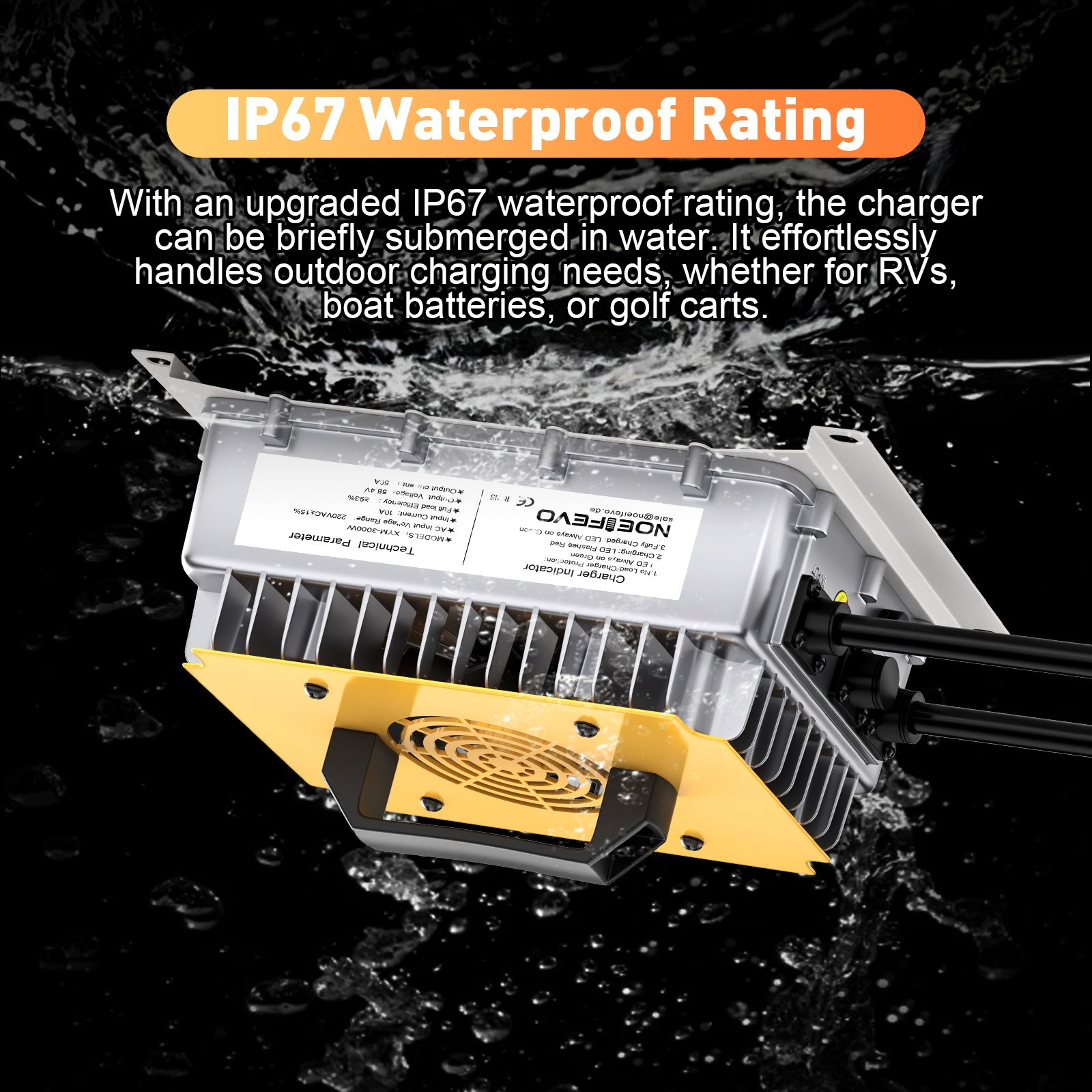 NOEIFEVO 58,4V 50A LiFePO4 nabíječka baterií pro 51,2V (48V) 16S LiFePO4 baterii, vodotěsná, 0V BMS aktivováno