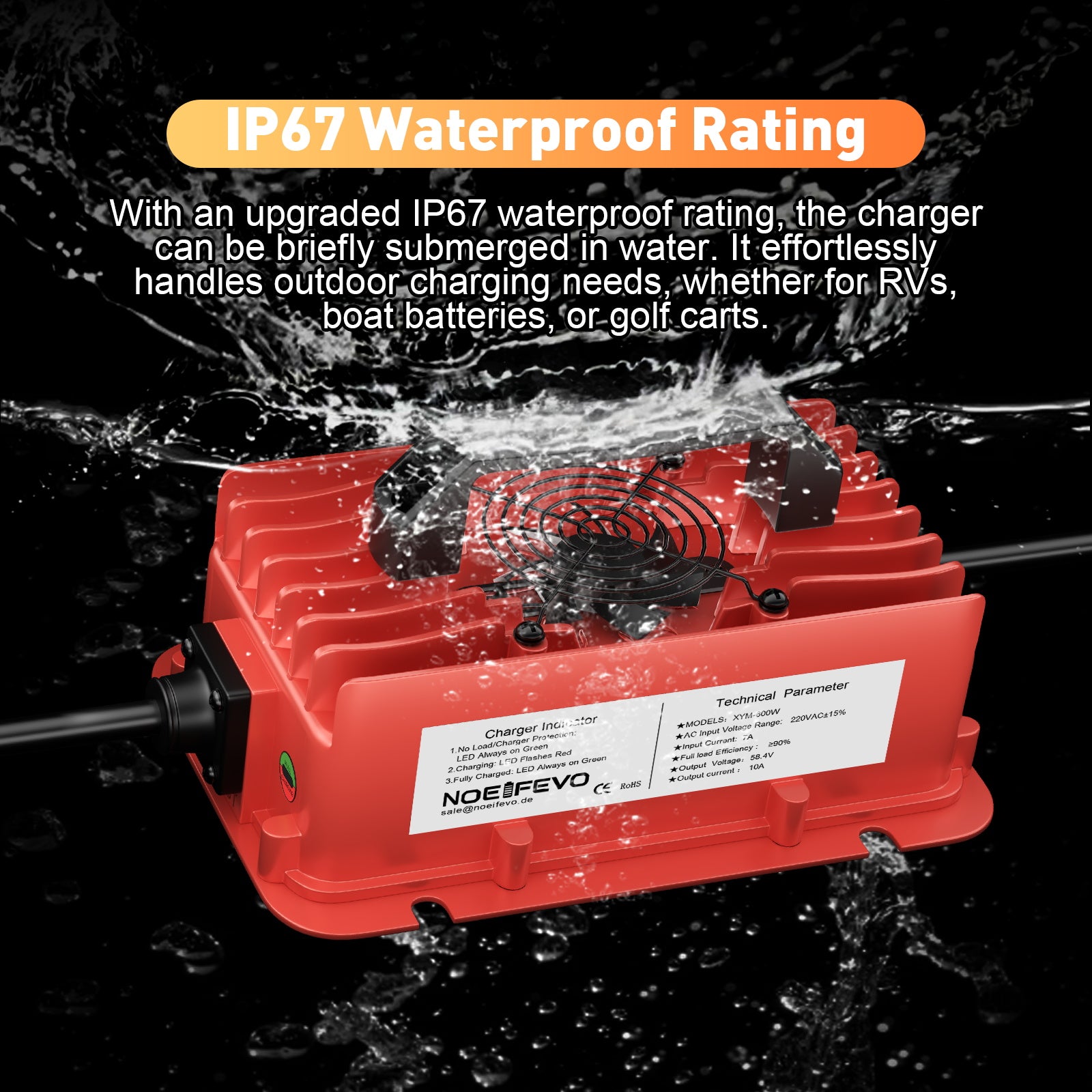 NOEIFEVO 58,4V 10A Lithium LiFePO4 batterilader for 51,2V(48V) 16S batteri, vanntett, automatisk avstenging med full beskyttelse