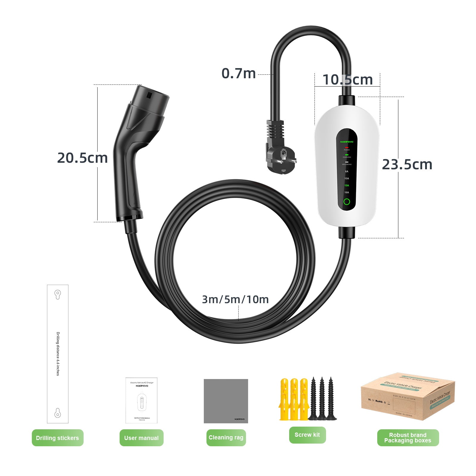 NOEIFEVO F095 Kabel ładujący typu 2 do Schuko EV do pojazdu elektrycznego, regulowany prąd 3,5 kW, 6 A do 16 A, 3 m/5 m/10 m
​