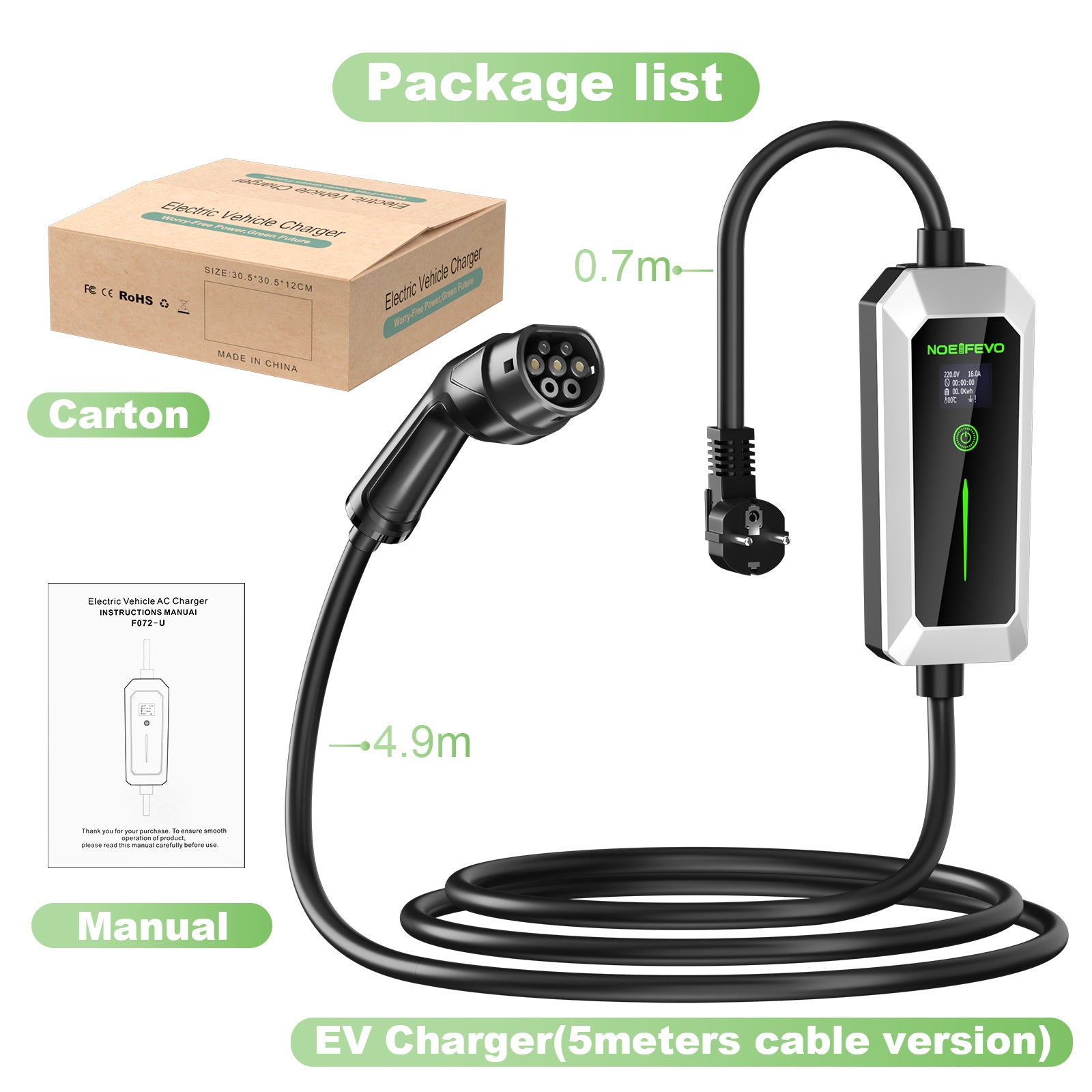 NOEIFEVO Cargador EV de 3,5 kW Tipo 2 a Schuko, 5M/10M Cable de carga EV impermeable para uso en exteriores-