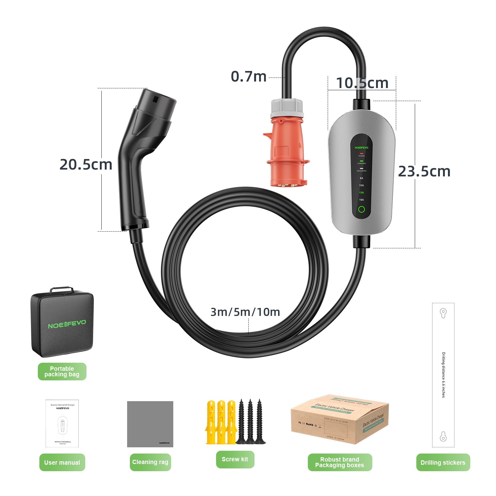 NOEIFEVO EV Wallbox 11kW, Mobile Ladestation 3-Phasen 400V (6-16A einstellbar), Type 2 Ladekabel mit EU-Reiseadapter (CEE32/CEE16A/Schuko/Type2 Stecker), für Model Y/3, ID.3/4/5, MG4, EX30, Zoe und andere PHEV/EV.