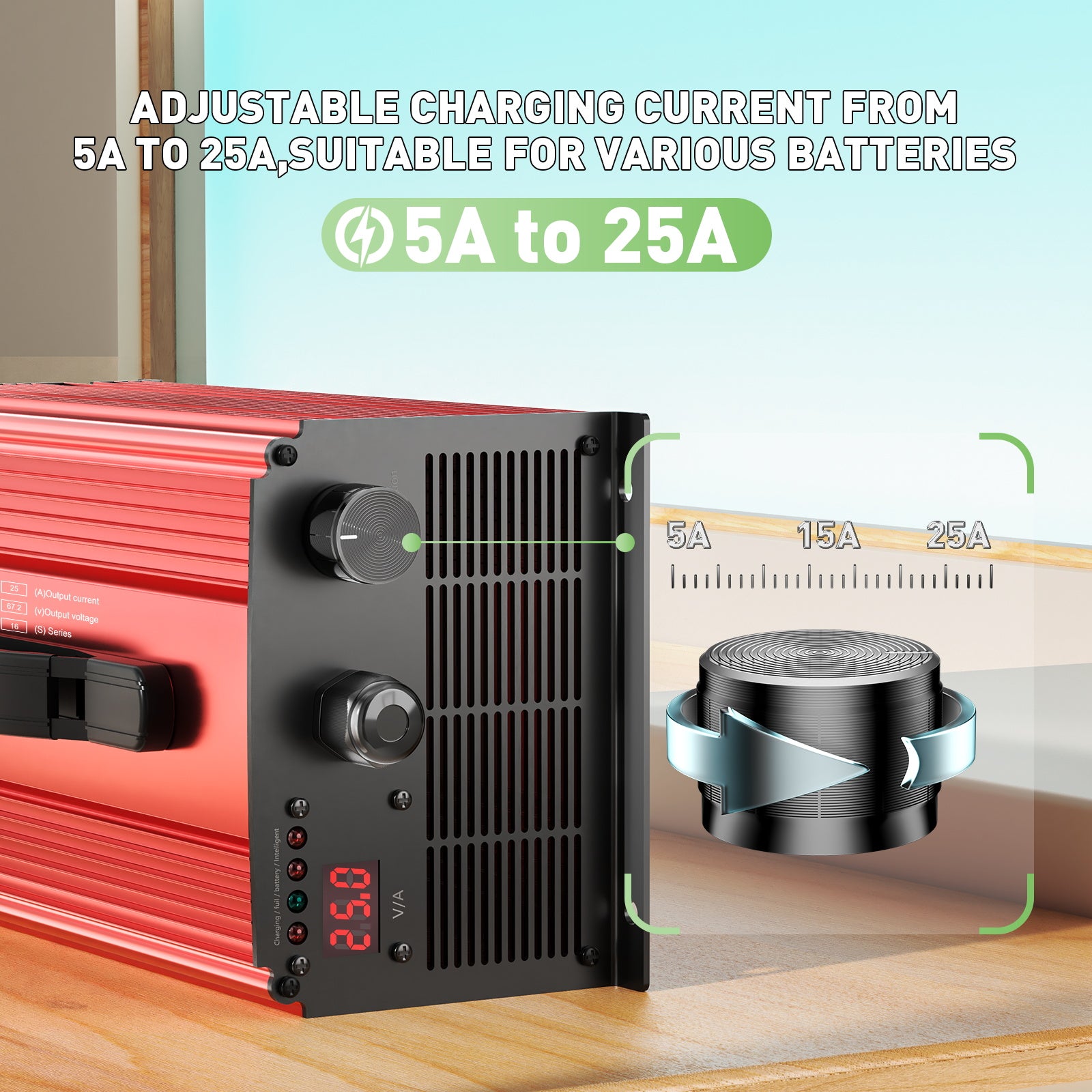 NOEIFEVO 67.2V 25A Ładowarka do baterii litowo-jonowych dla baterii Li-Ion Lipo 59.2V (60V) 16S, z wyświetlaczem LCD, regulowanym prądem, ładowarka do rowerów elektrycznych, hulajnóg, motocykli elektrycznych
