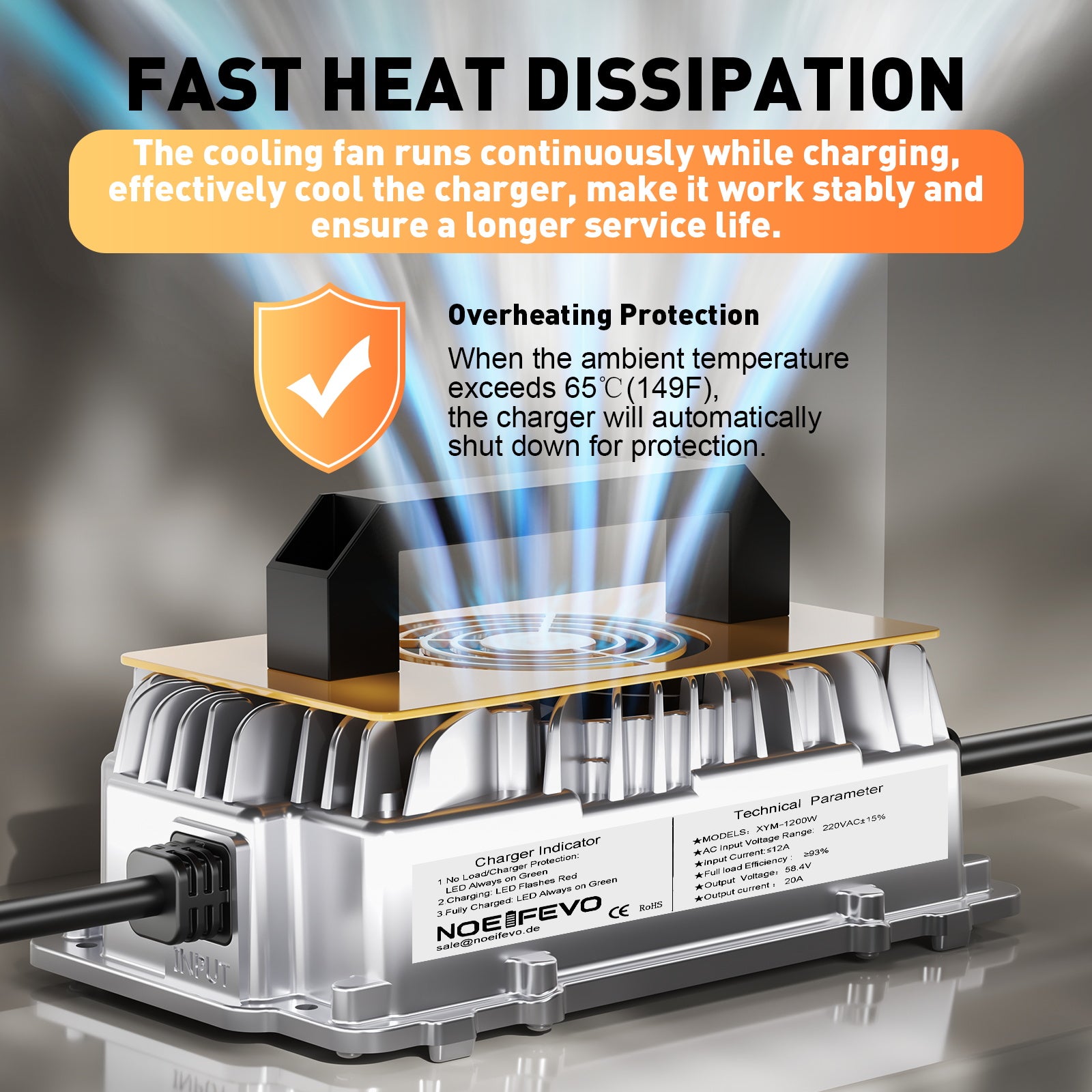 NOEIFEVO 58.4V 20A Lithium Lifepo4 batterioplader til 48V (51.2V)16S batteri, vandtæt, 0 V BMS aktivering, automatisk nedlukning med fuld beskyttelse