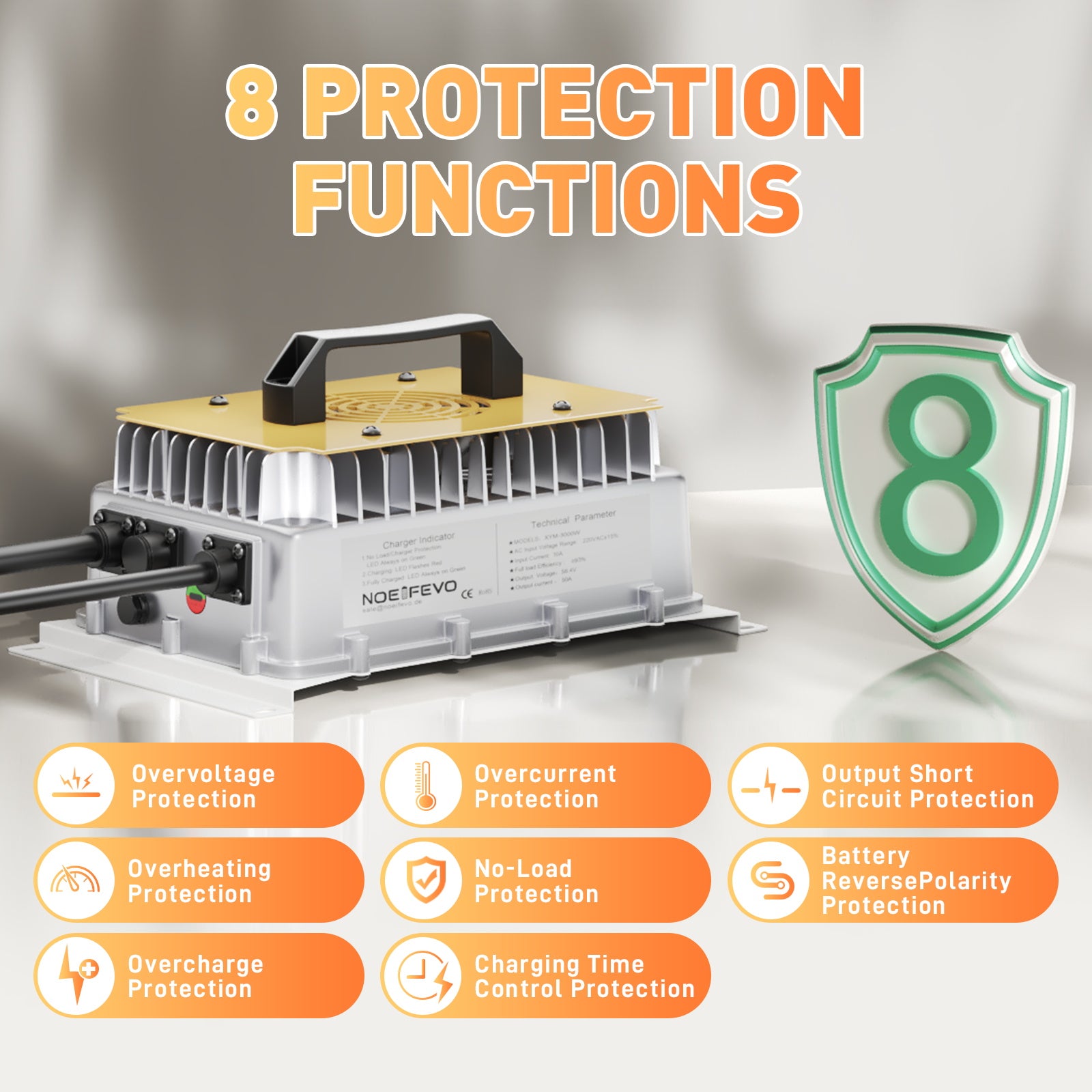 NOEIFEVO 58,4V 50A LiFePO4 nabíječka baterií pro 51,2V (48V) 16S LiFePO4 baterii, vodotěsná, 0V BMS aktivováno