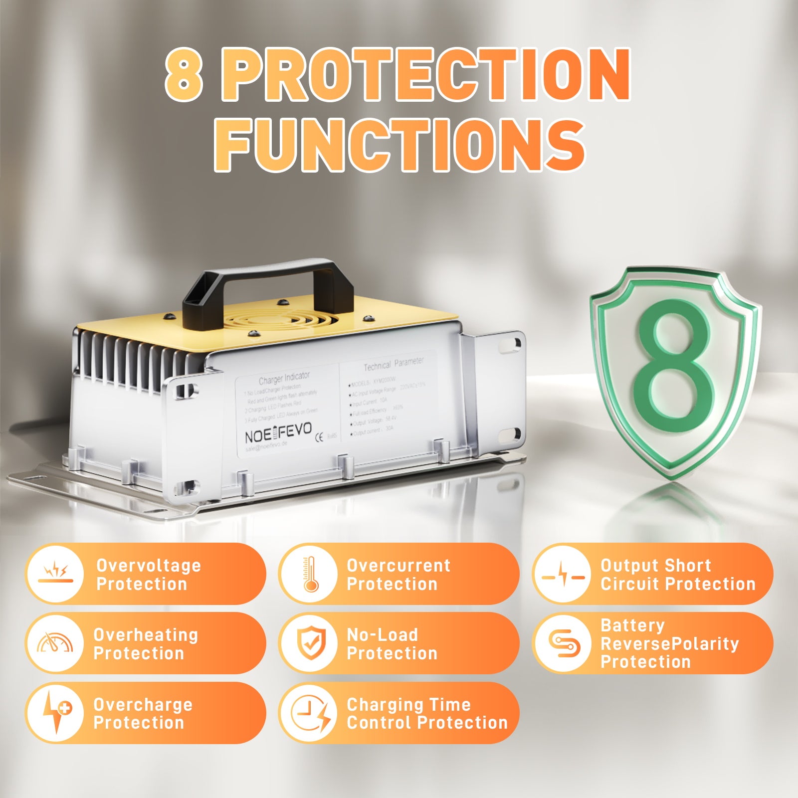 NOEIFEVO 58.4V 30A LiFePO4 Cargador de batería para 51.2V(48V) 16S LiFePO4 Batería, Impermeable, 0V BMS Habilitado